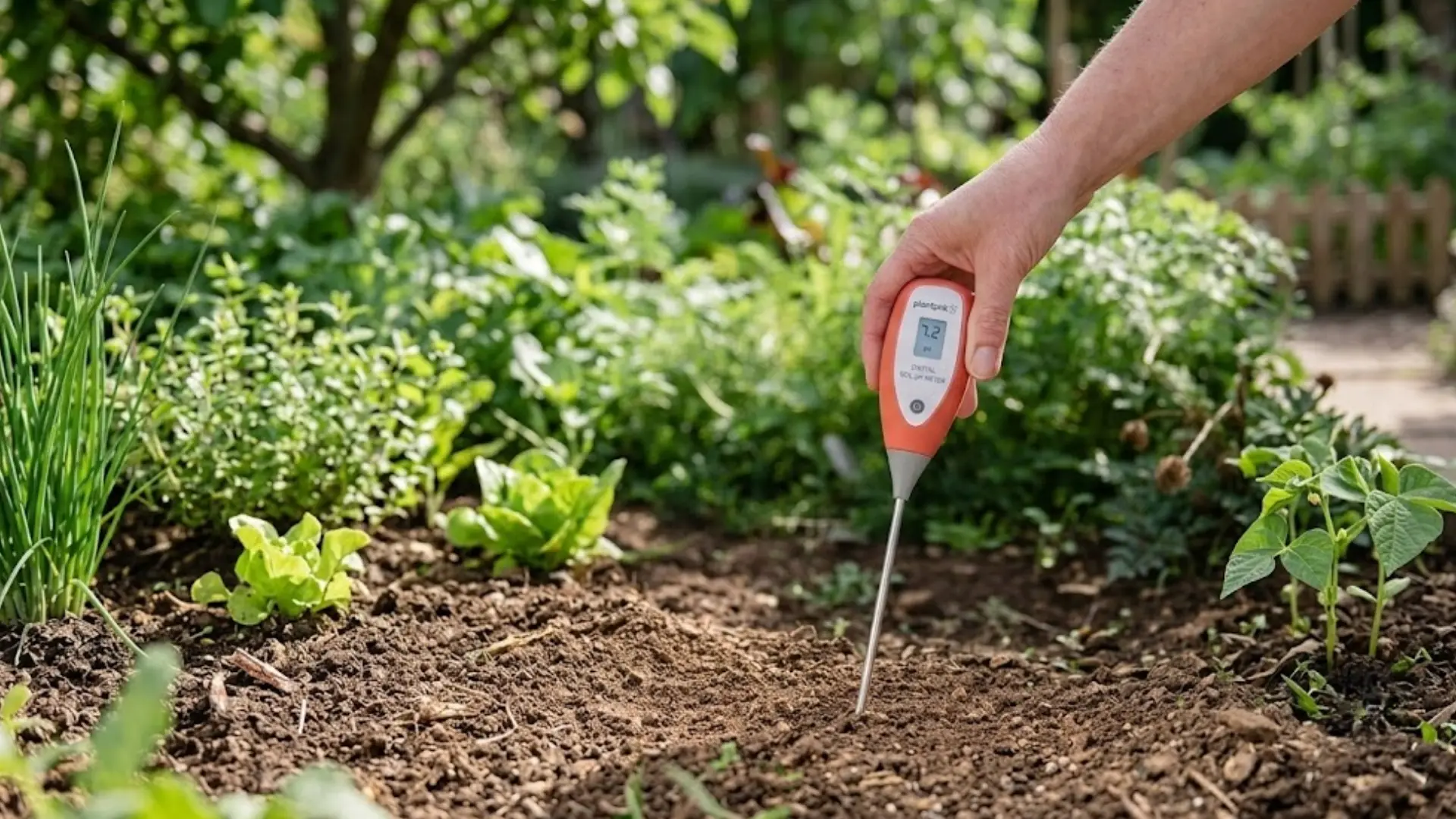 digital soil pH meter testing garden soil among vegetables and plants in a backyard garden