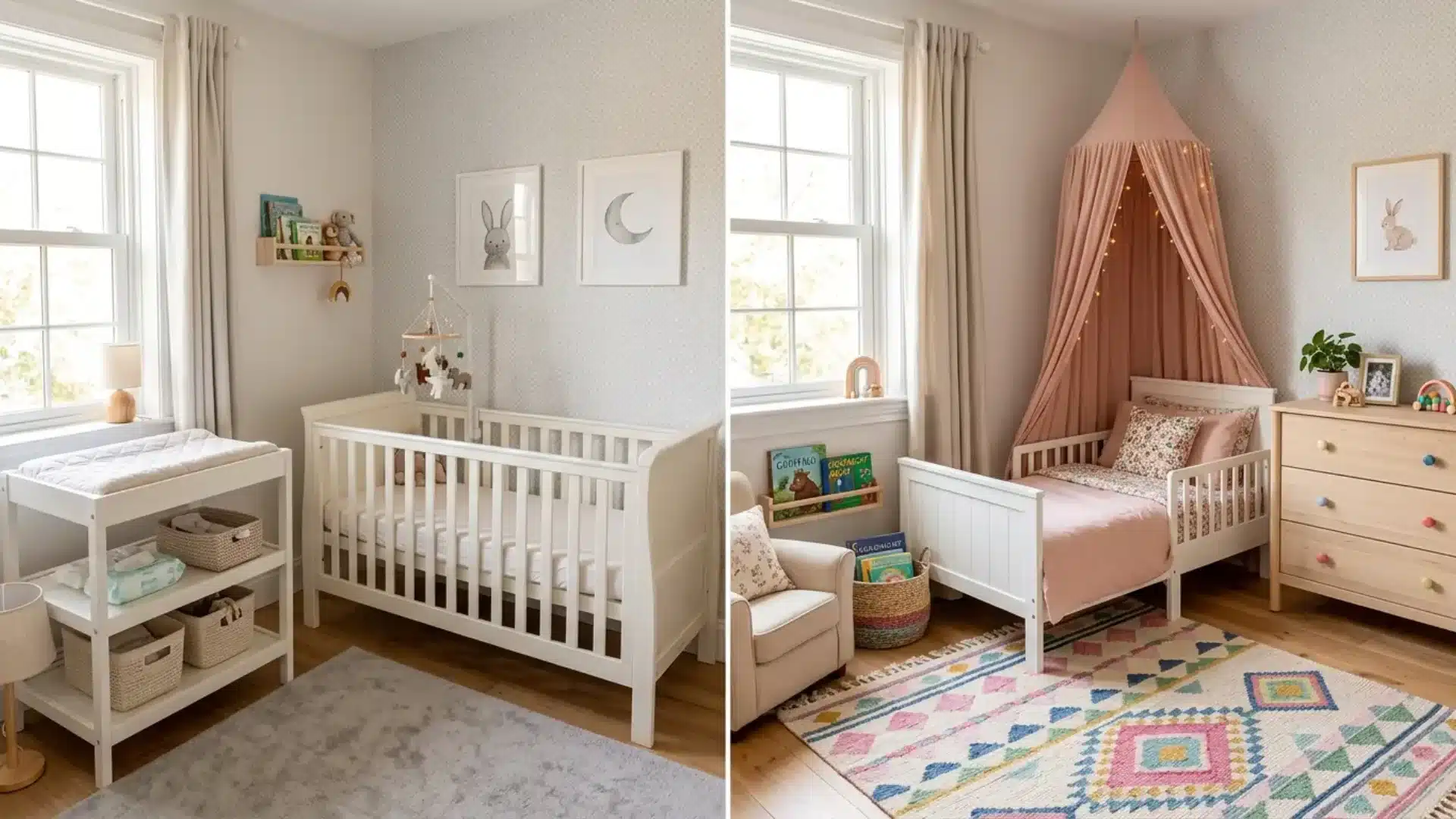 split screen showing a baby nursery on one side and a transformed toddler bedroom on the other