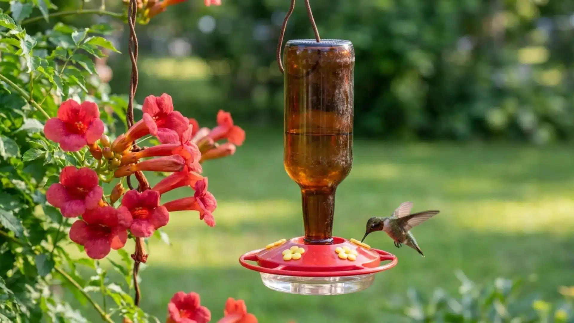 hummingbird feeding from an amber glass bottle nectar feeder near red flowers