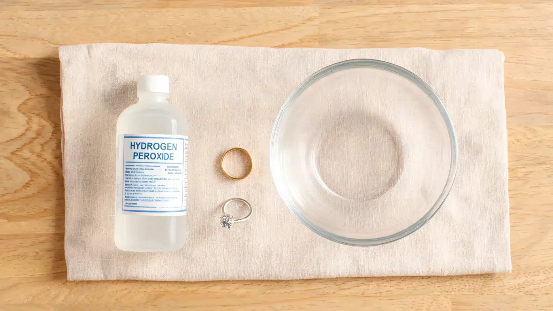 hydrogen peroxide, bowl, cloth, and jewelry arranged for a simple jewelry cleaning setup