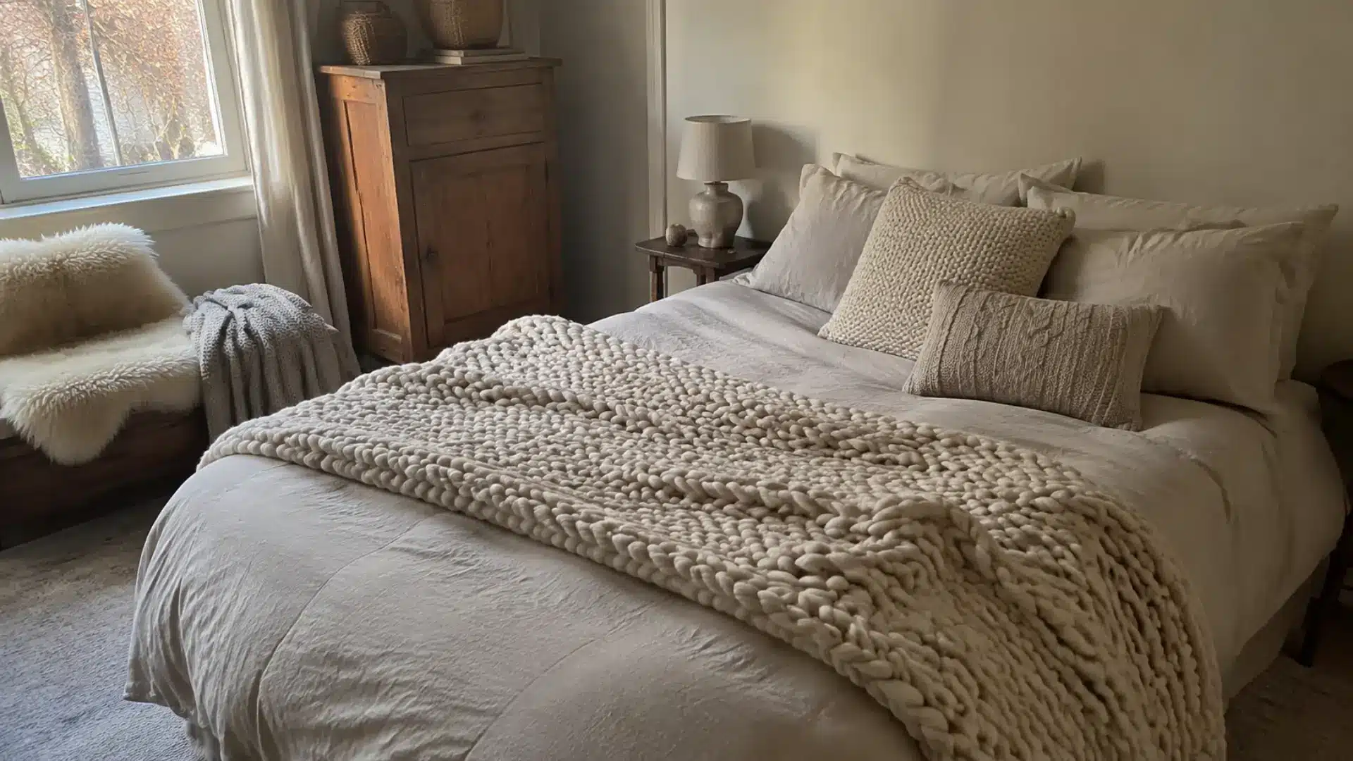 hygge bedroom with chunky knit throw, sheepskin accent, and layered pillows