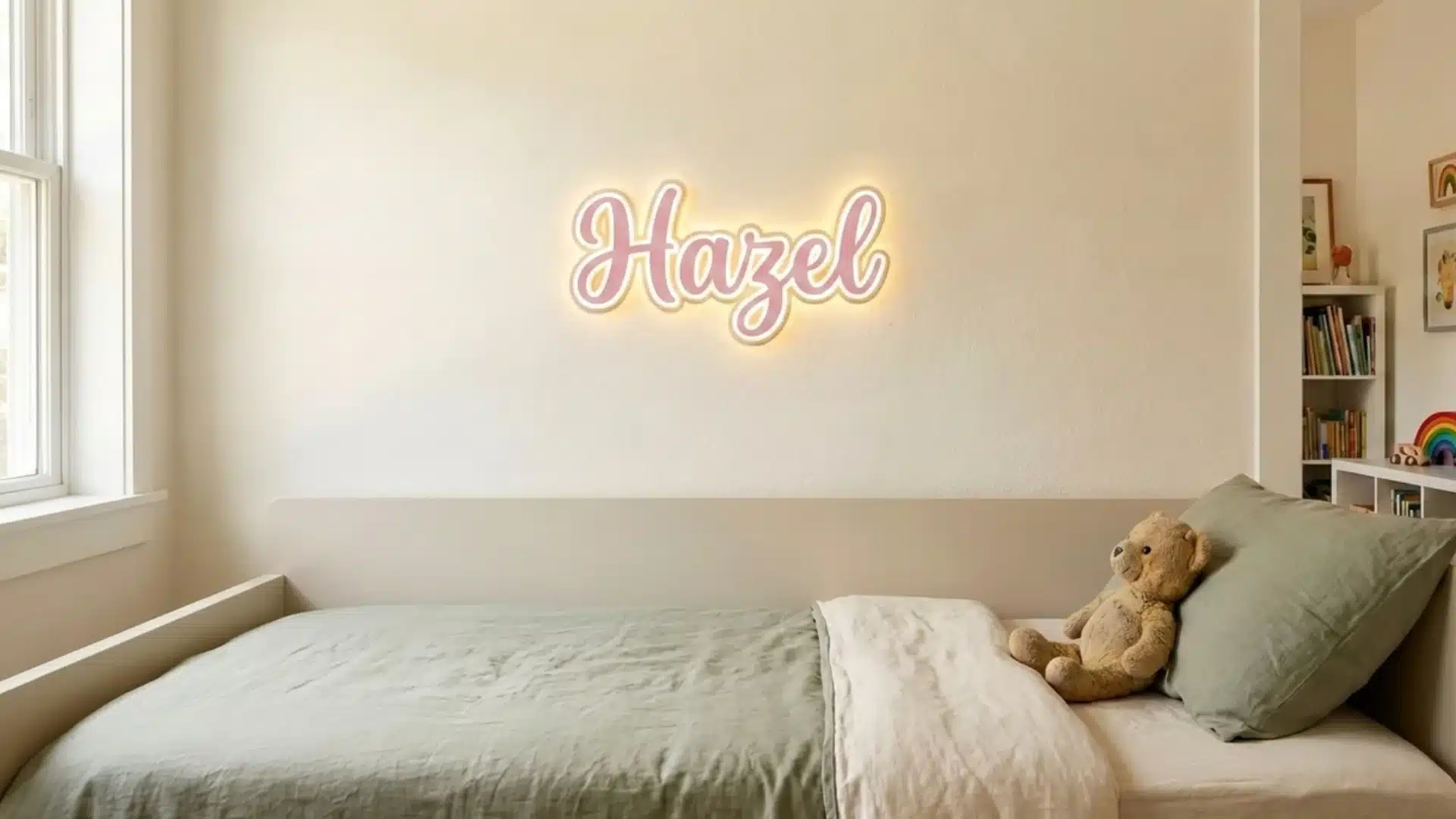 illuminated pink name sign reading hazel mounted on the wall above a green bed