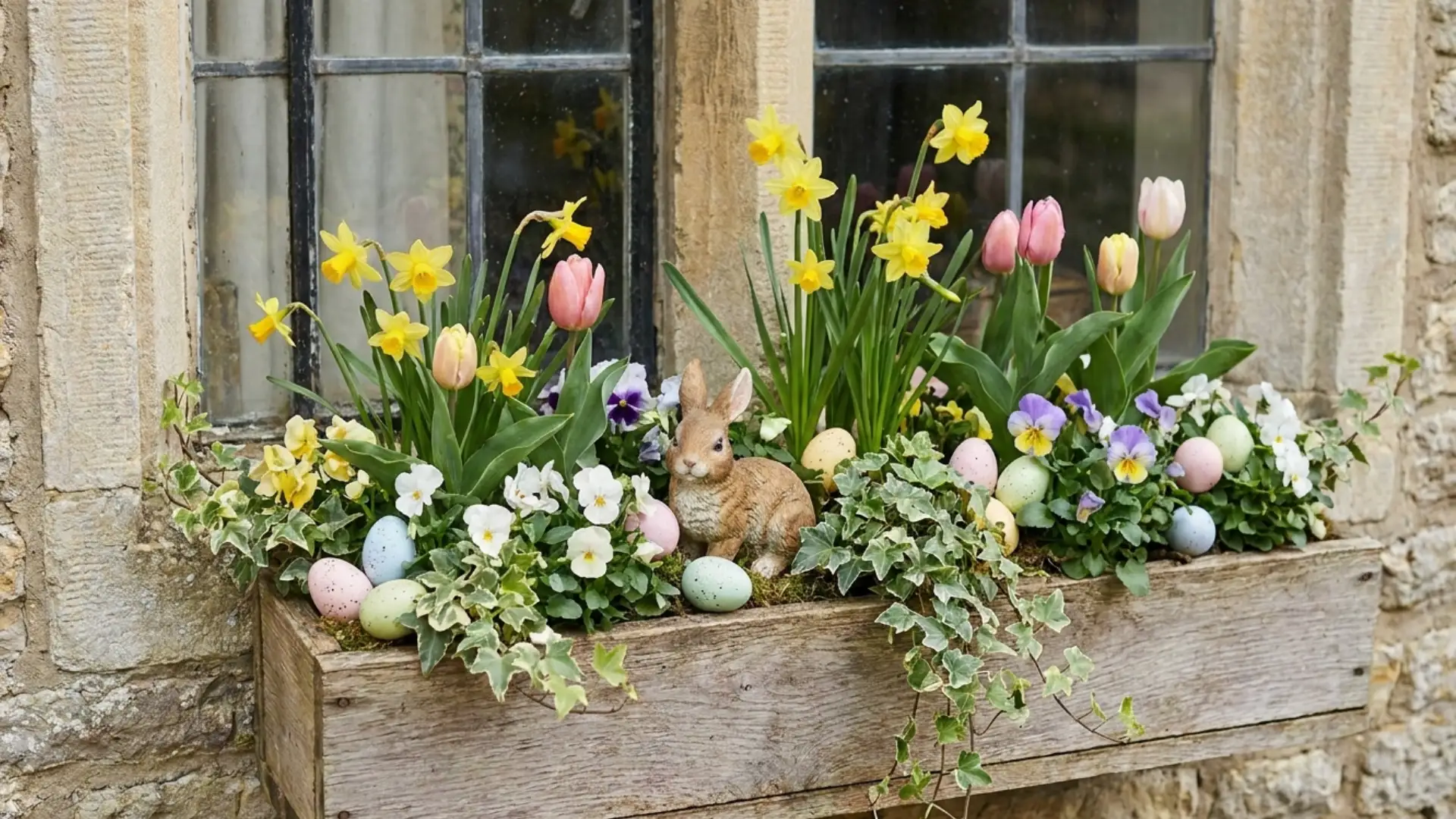 indow box filled with spring flowers greenery and decorative eggs