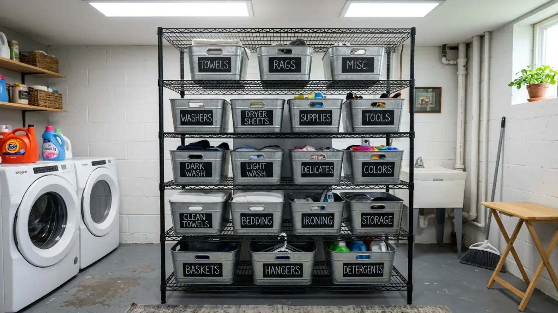industrial wire mesh shelving with labeled metal bins in a laundry room