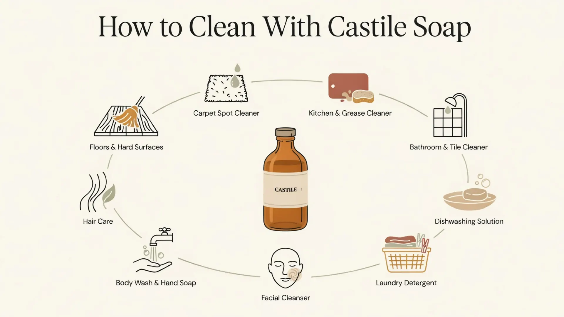 infographic showing castile soap uses around a bottle, from floors to hair care