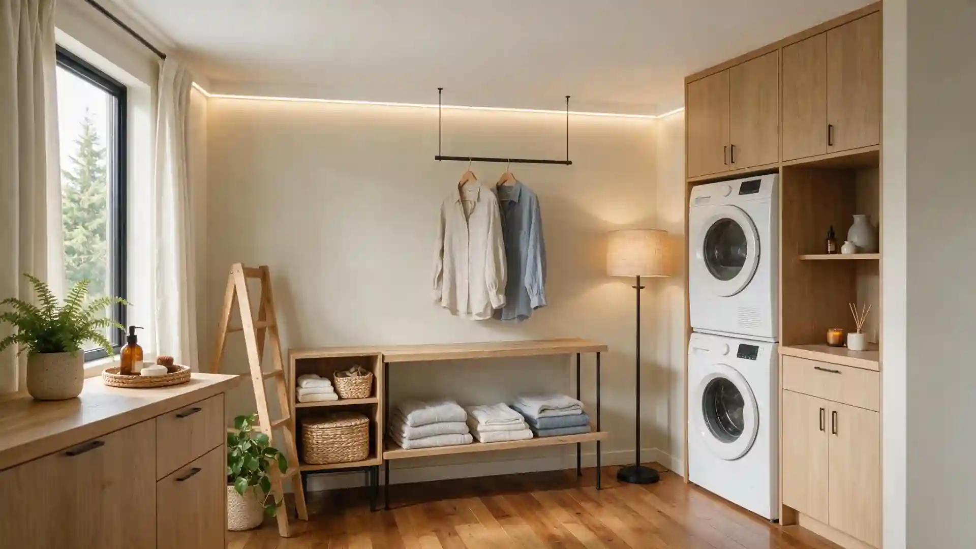 japandi style laundry room with light wood cabinets and a stacked washer and dryer