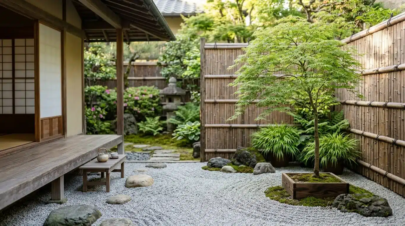 japanese garden with a wooden veranda, bamboo fencing, gravel, stepping stones, moss, rocks, and a maple tree