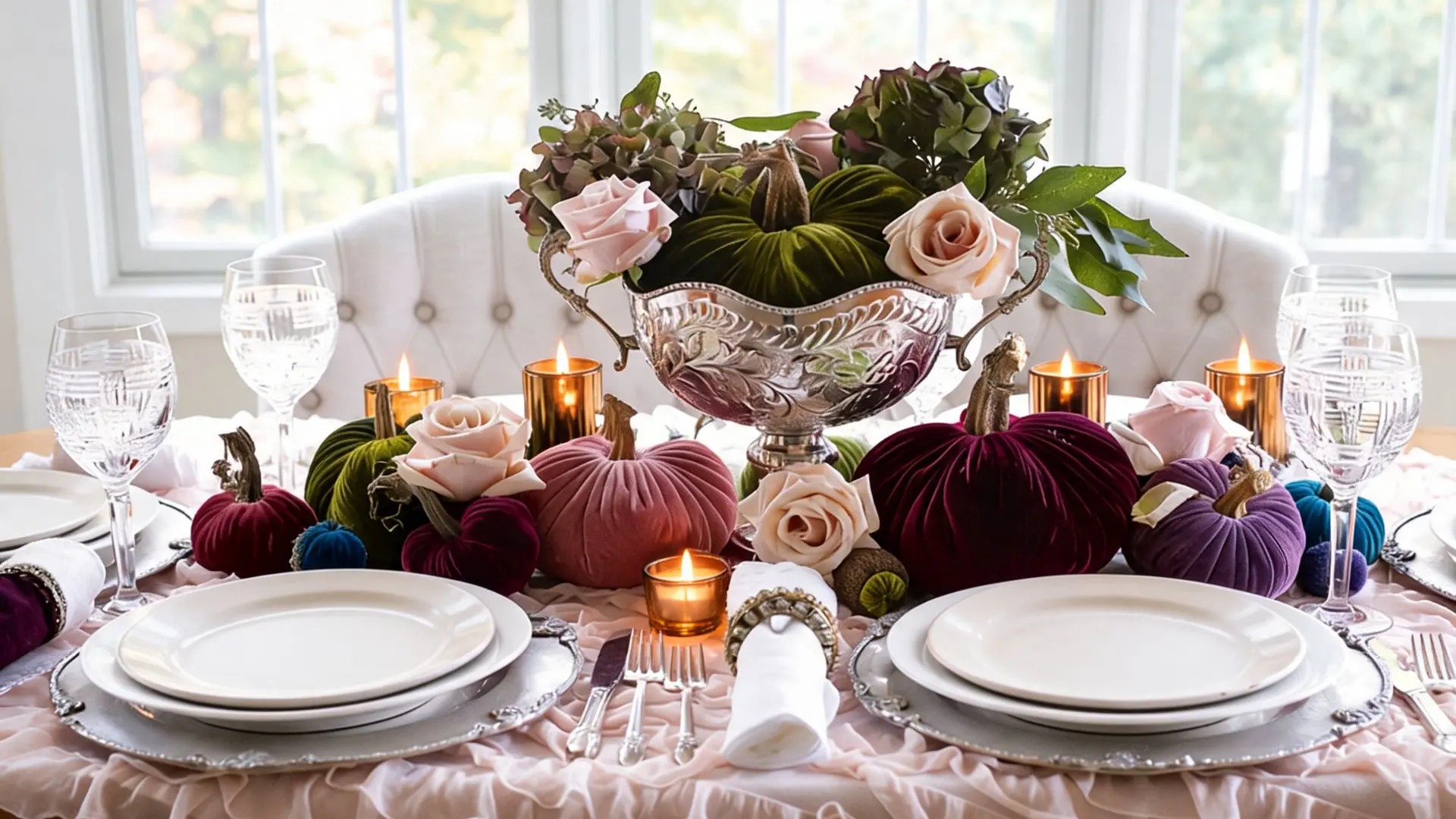 jewel-tone velvet pumpkins with pink roses and votive candles on a formal silver table setting