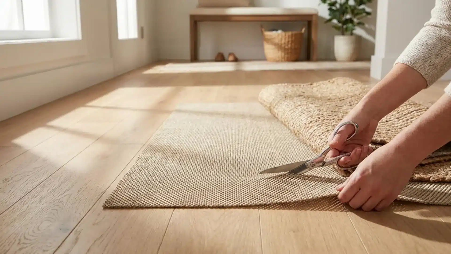 jute rug pad trimmed to size and placed on wooden entryway floor