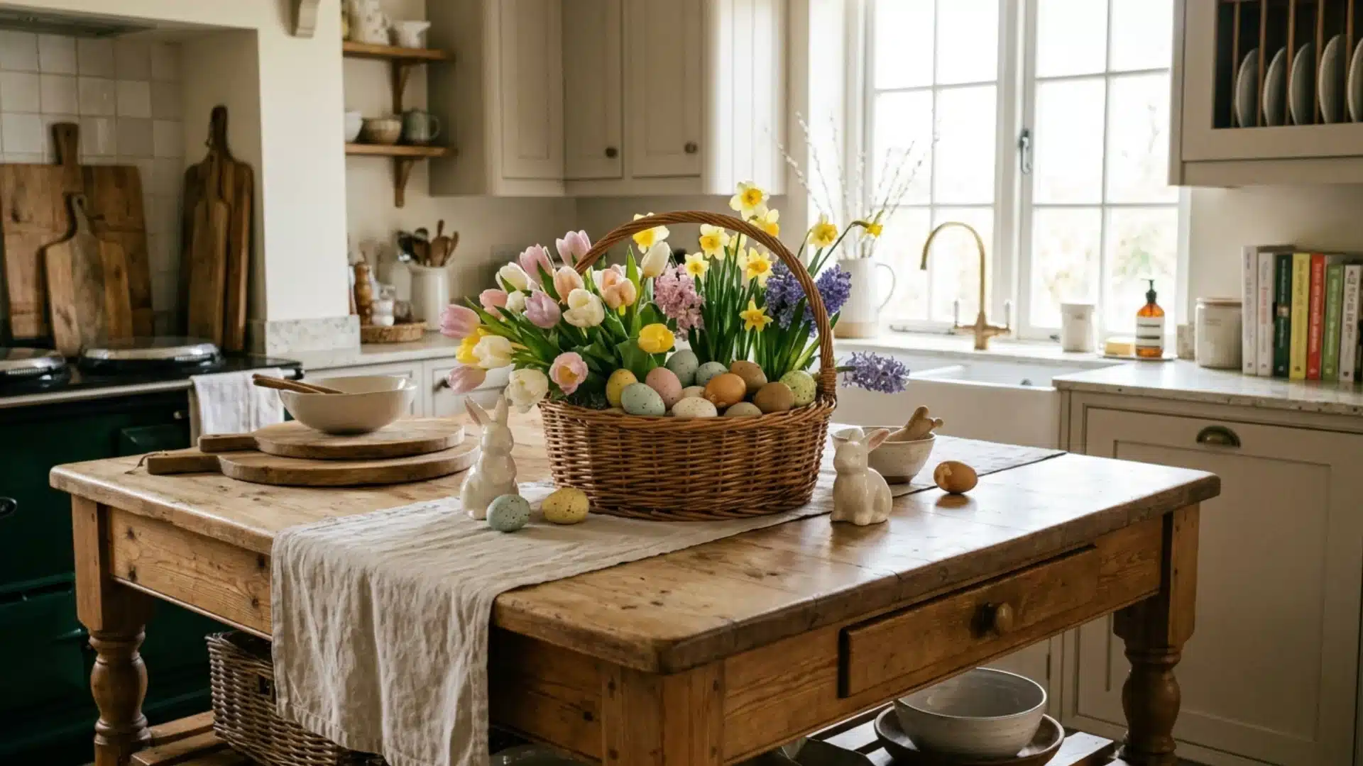 kitchen island styled with a basket centerpiece of flowers and eggs