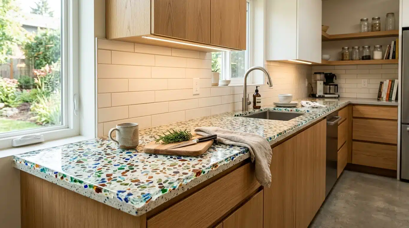 kitchen with wood cabinets, a colorful terrazzo island countertop, sink, coffee mug, cutting board with herbs, and a towel