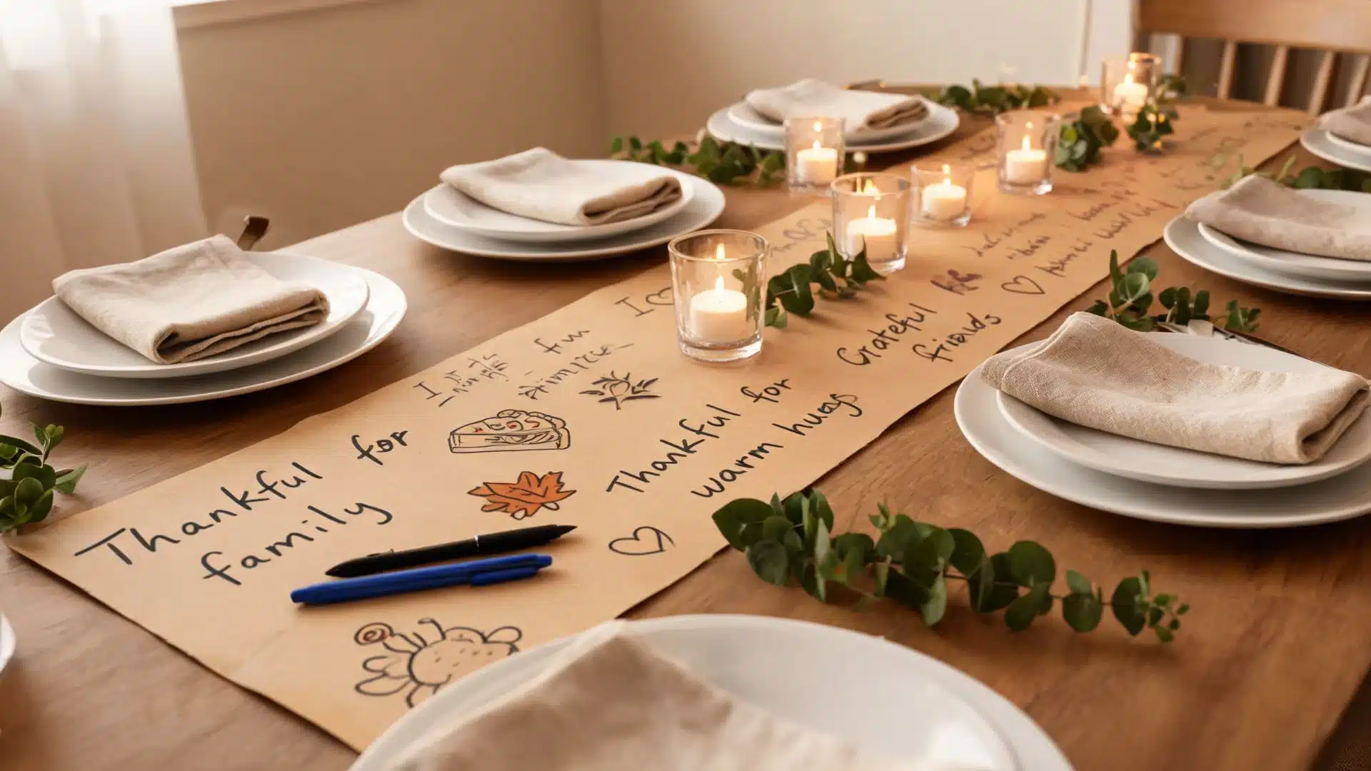 kraft paper table runner with handwritten gratitude notes, markers, votive candles, and eucalyptus