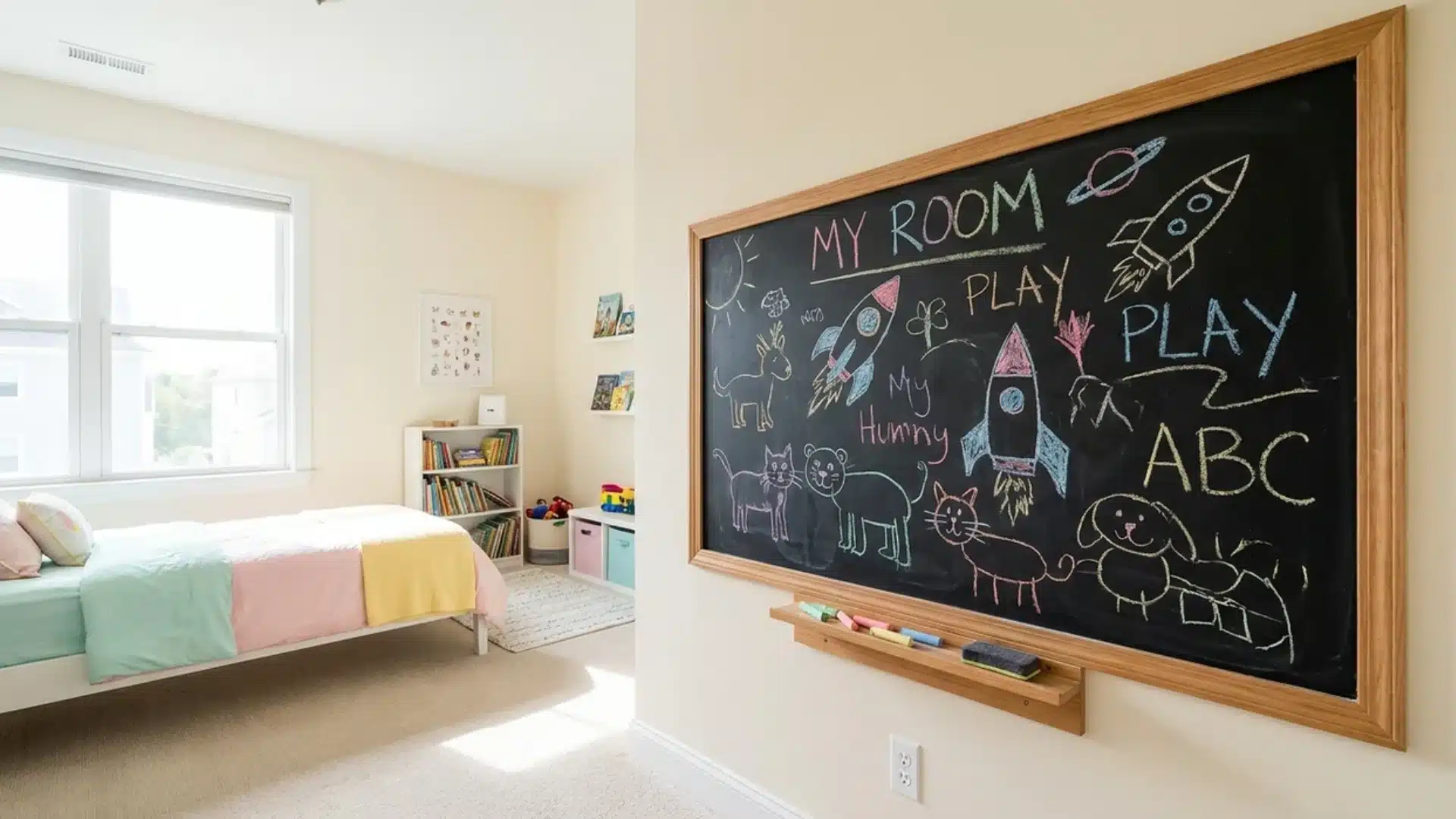large chalkboard wall covered in colorful chalk drawings of rockets animals and playful shapes