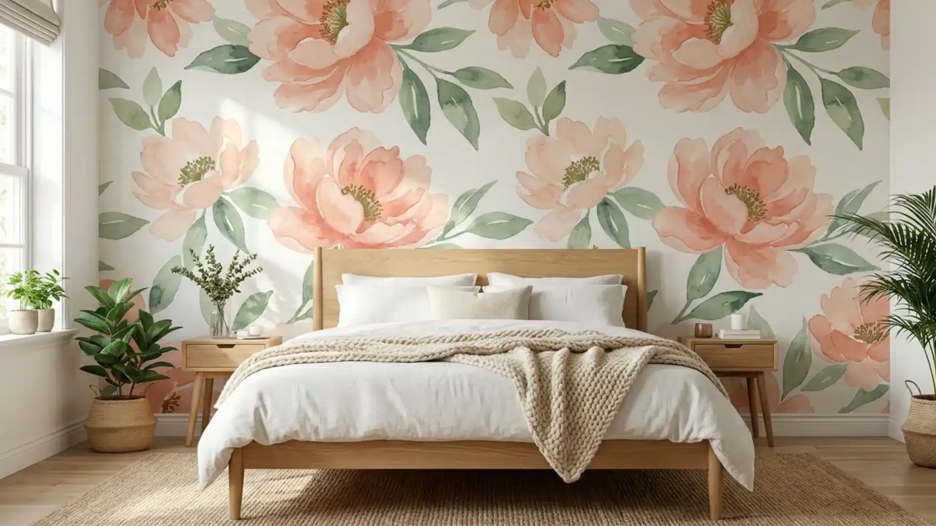 large coral floral wallpaper mural covering the wall behind a wood bed with white bedding
