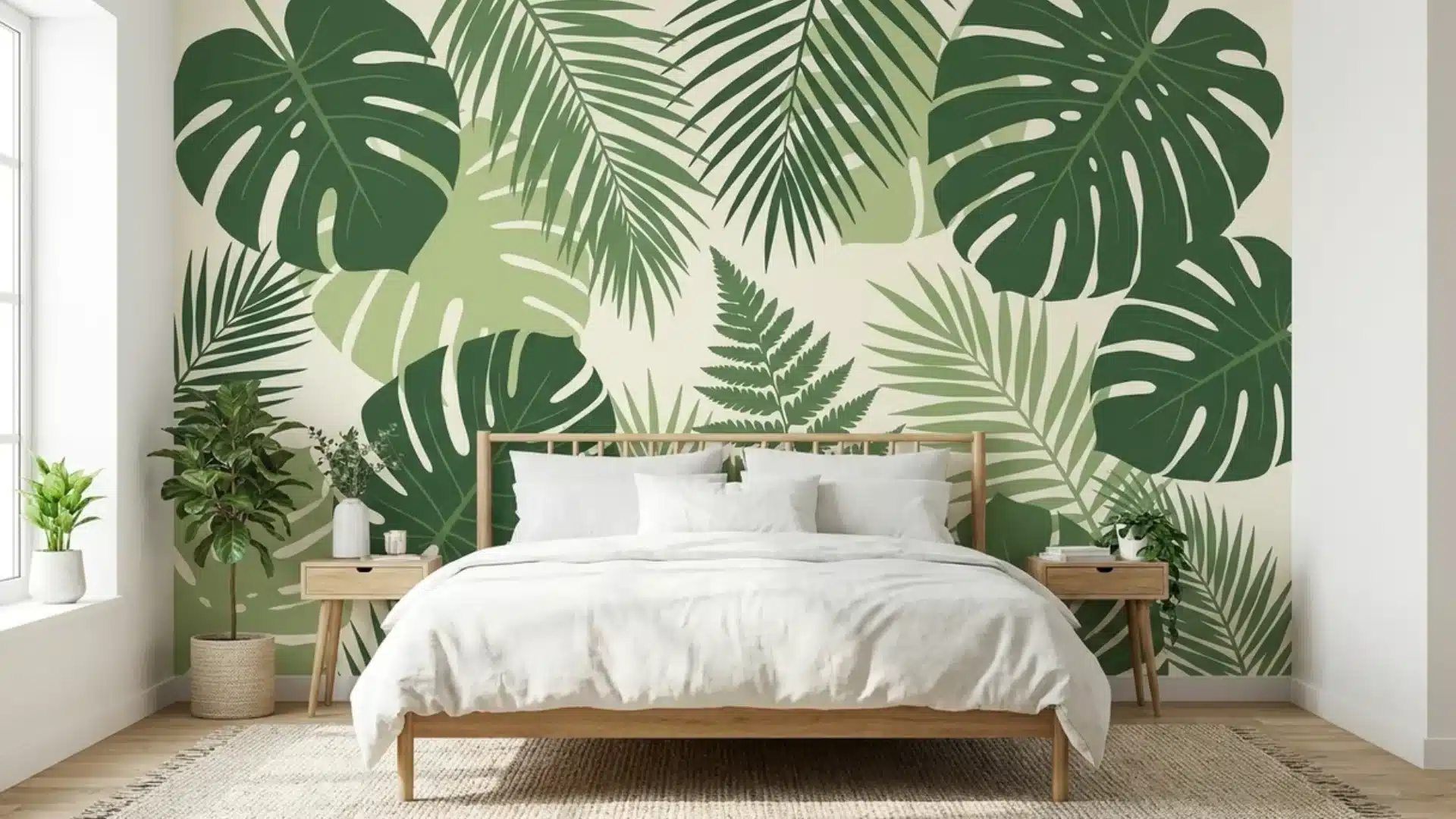 large green tropical leaf mural covering the wall behind a light wood bed frame