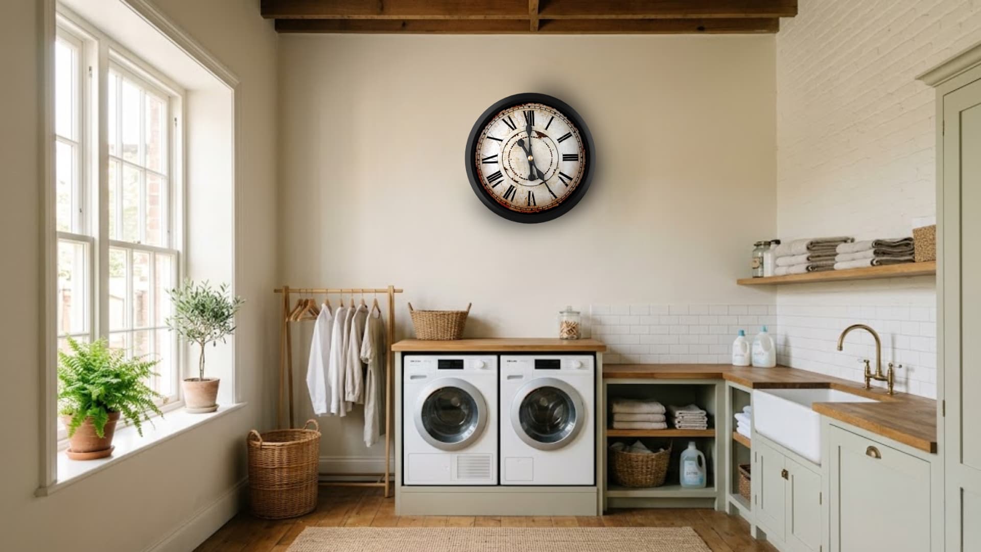 large vintage roman numeral wall clock mounted above a stacked washer and dryer in a laundry room