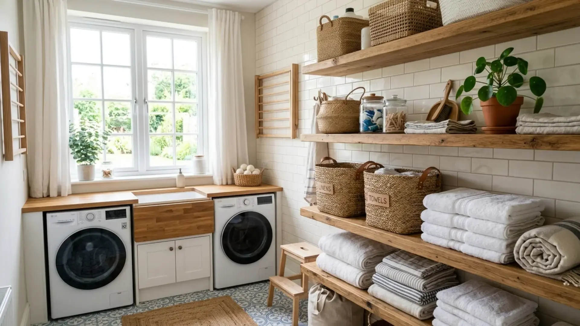 styled laundry room with open wood shelving, folded baskets, and warm natural window light