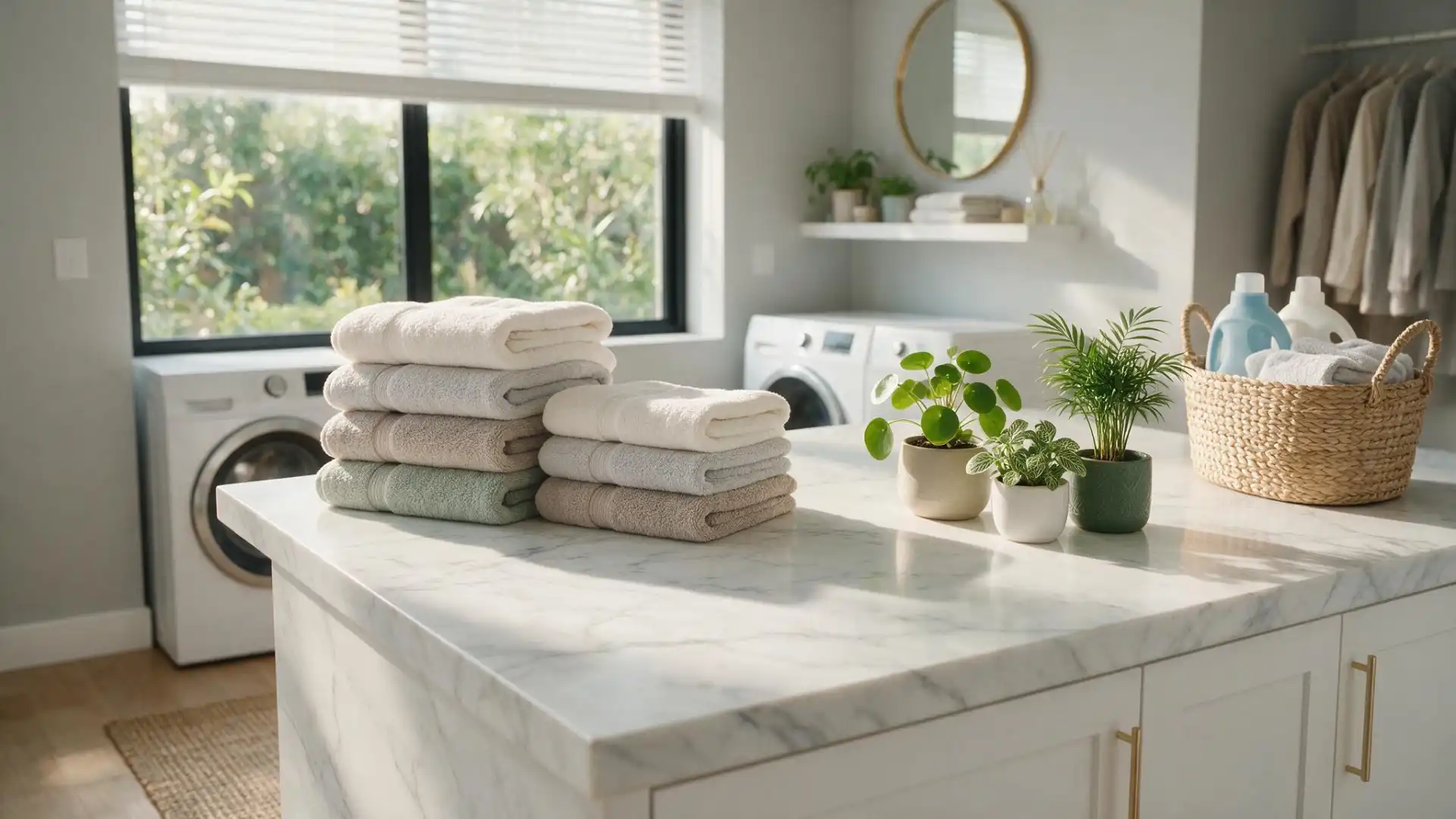 laundry room island used for folding towels and potting small plants with a laundry basket