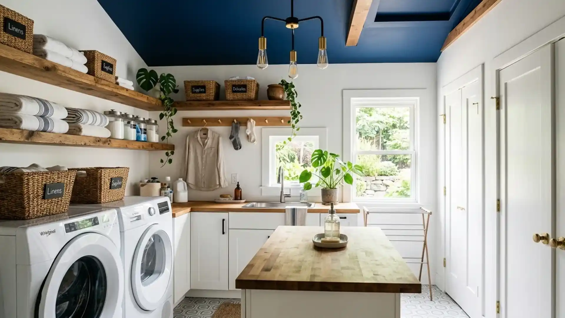 laundry room with navy blue ceiling wood shelves woven baskets and a butcher block island