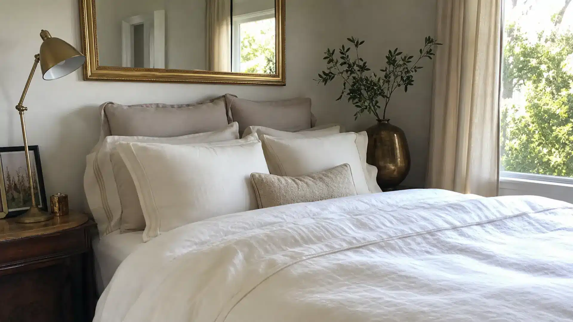 layered white bedding with brass lamp, gold mirror, and vase in warm neutral bedroom