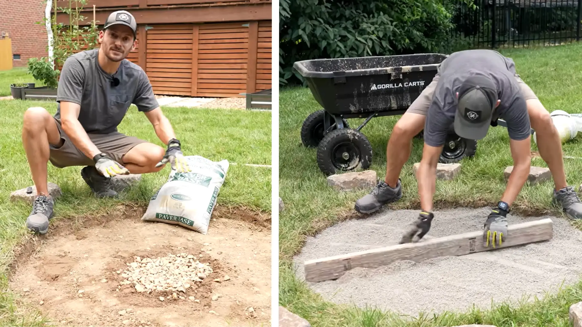 Layering gravel and landscape fabric to build a base for a DIY fire pit