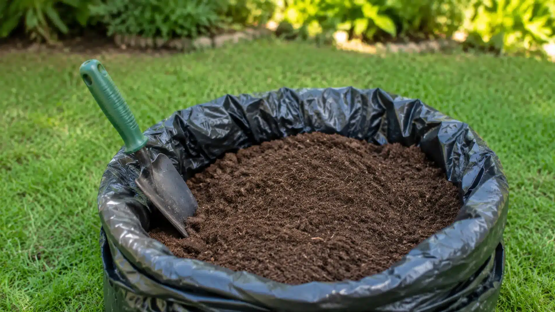 light-brown peat moss in a lined container with a green-handled garden shovel