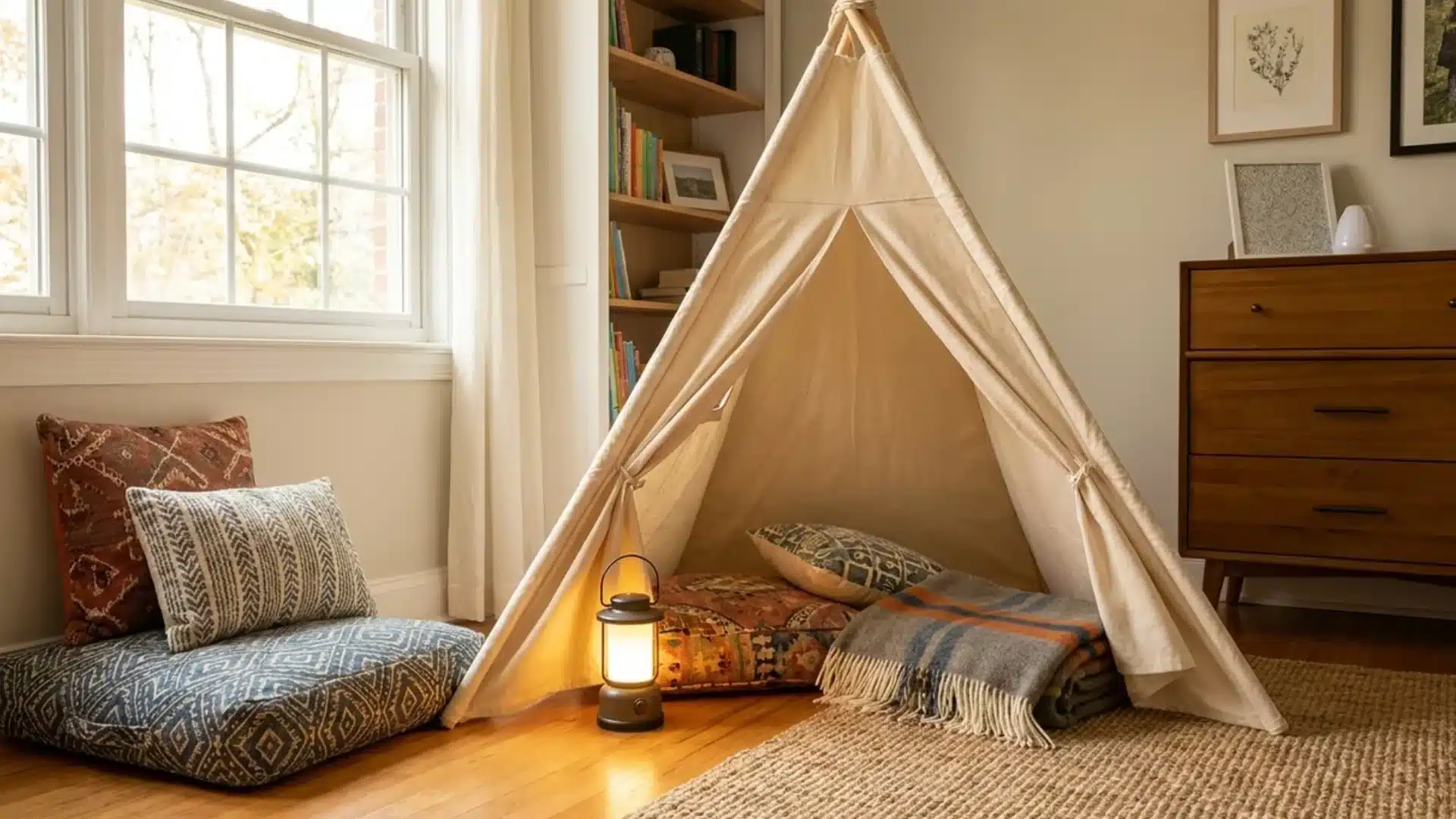 lit lantern beside a canvas teepee tent filled with patterned floor cushions and a folded blanket