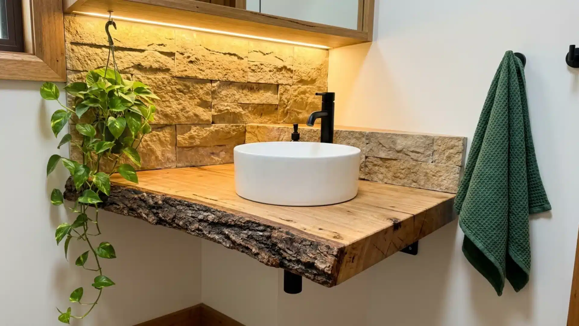 live edge floating wood vanity with stone backsplash round sink and hanging potted plant