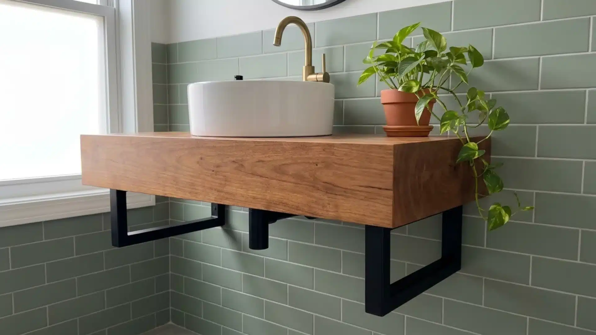 live edge wood vanity slab with natural bark edge round sink and trailing potted plant
