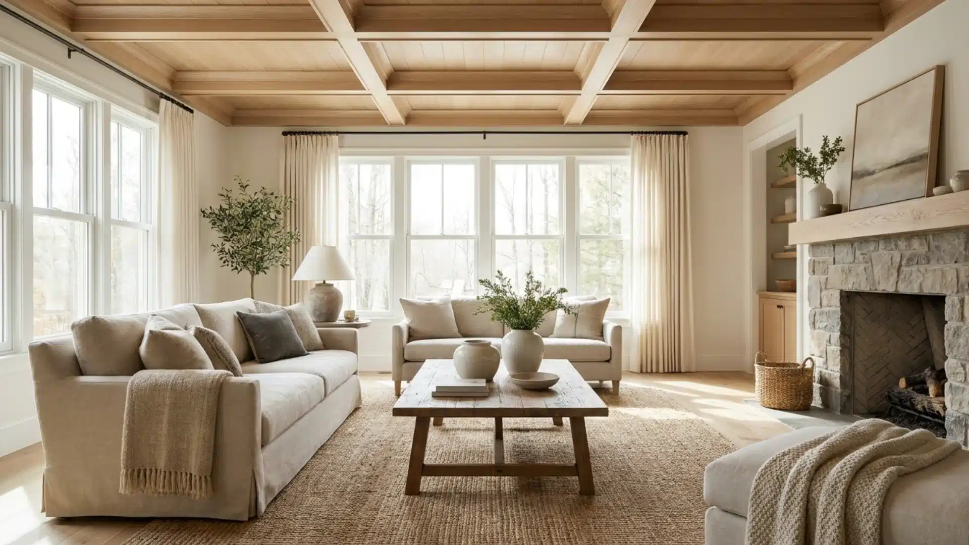 living room featuring a light oak coffered ceiling in scandinavian style