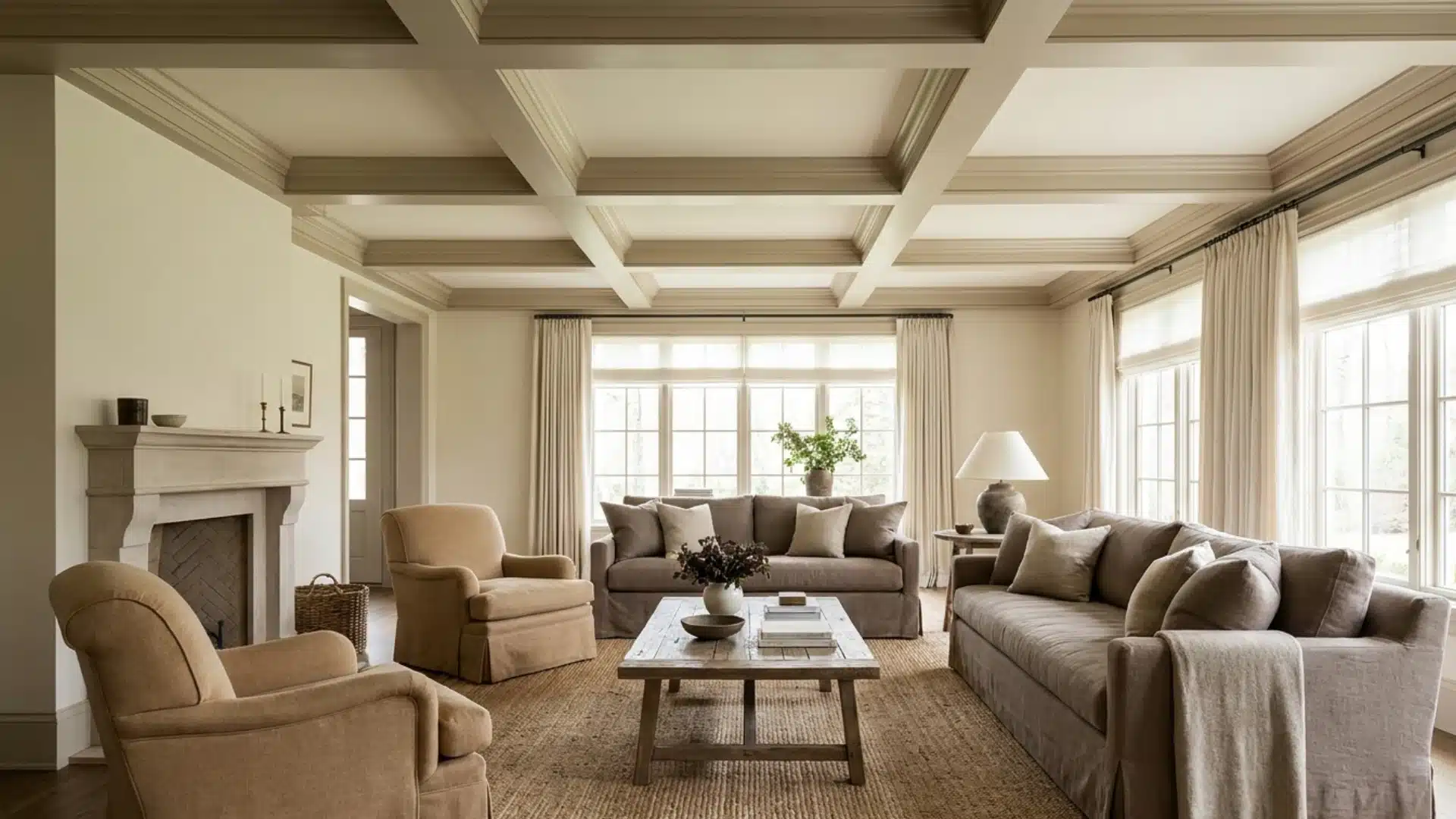 living room featuring a two tone beige and ivory coffered ceiling