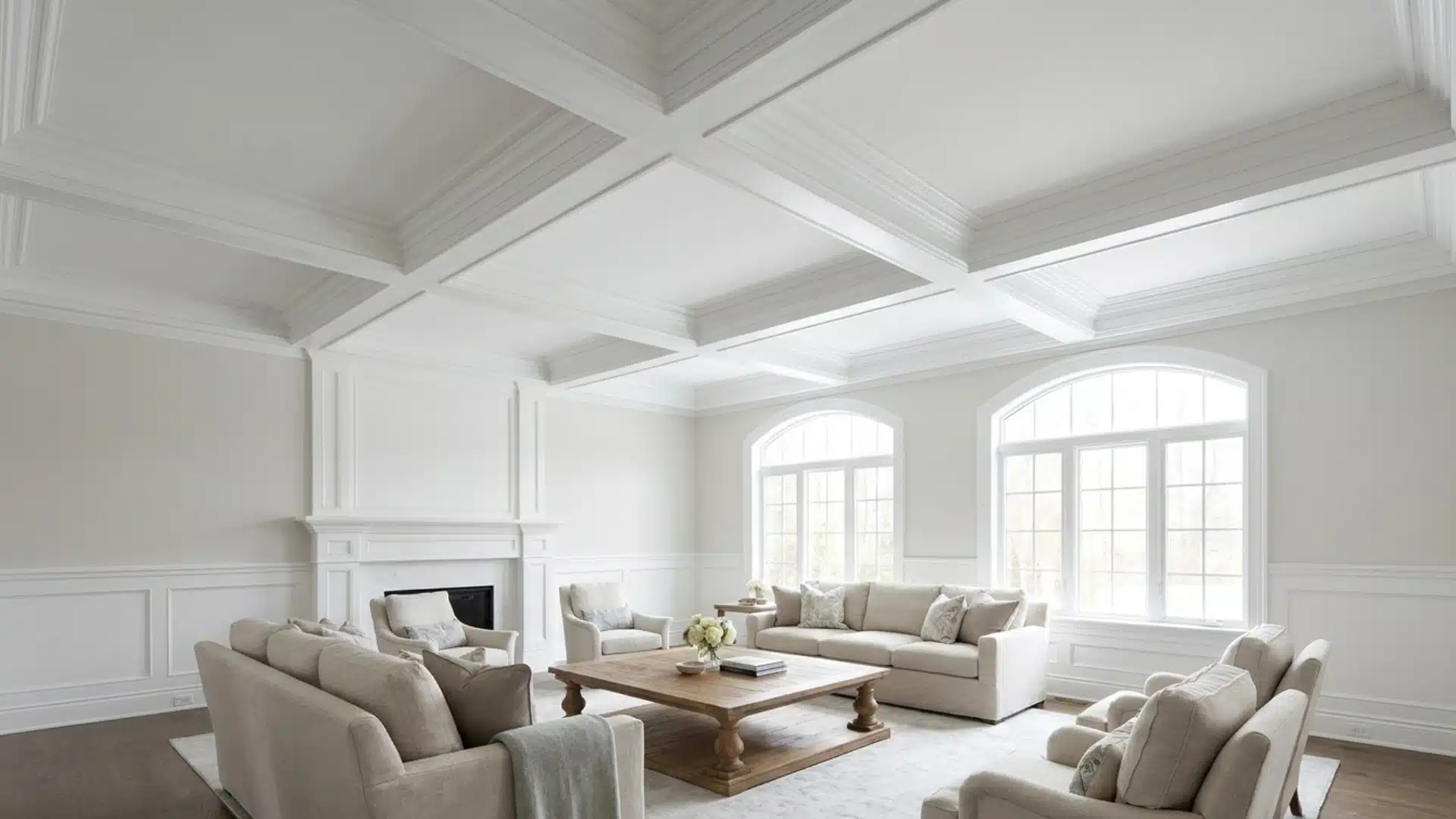 living room featuring an all white coffered ceiling with clean recessed panels