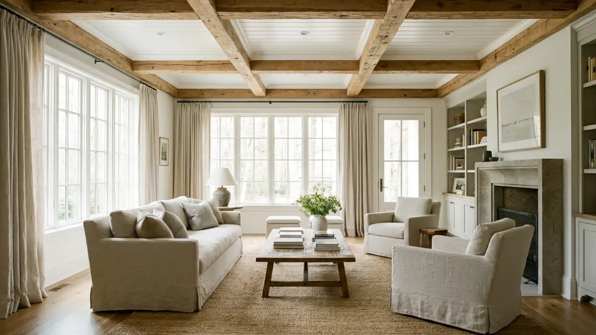 living room featuring natural wood beams and white ceiling panels