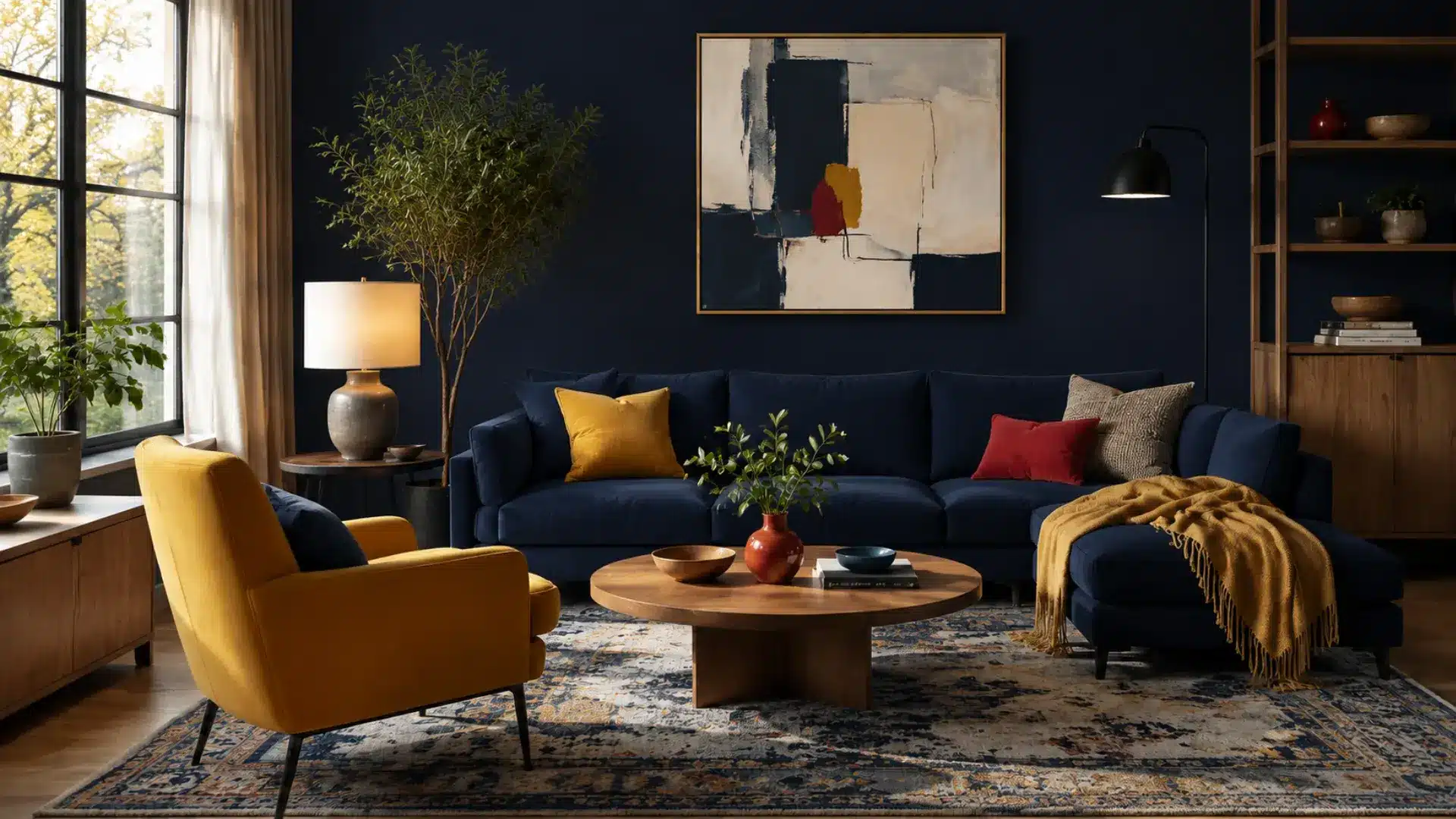 living room showing a triadic color scheme of blue yellow and red across the room
