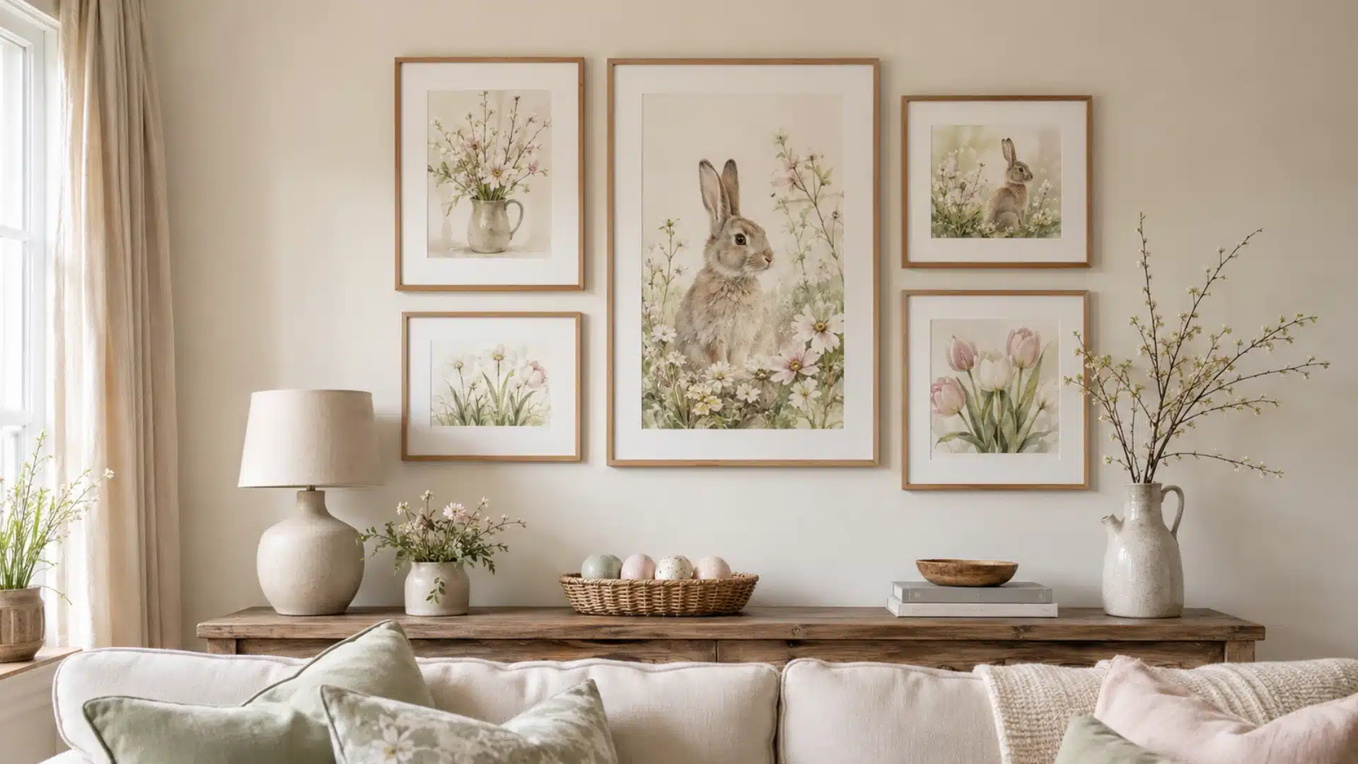 living room wall featuring framed watercolor botanical and rabbit artwork