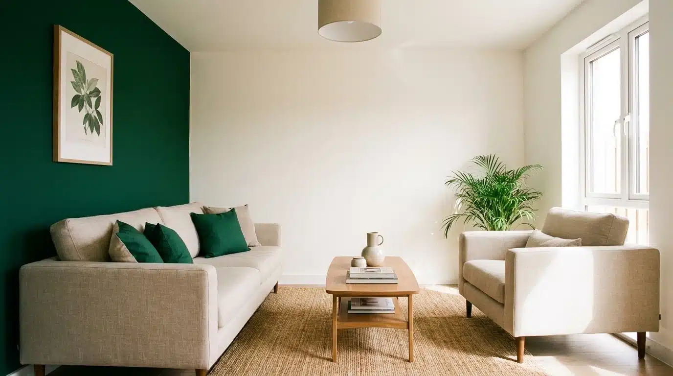 living room with a beige sofa, armchair, wooden coffee table, green accent wall, framed botanical print, and potted palm