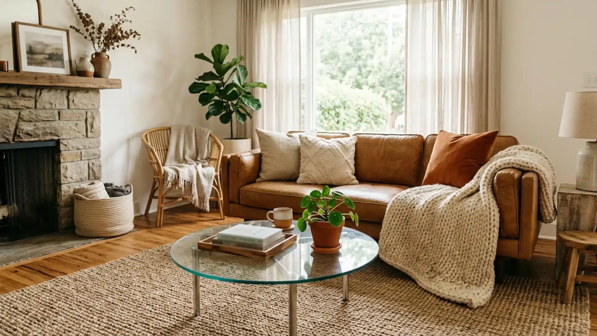 living room with a brown leather sofa, knit throw, stone fireplace, potted plants, and glass coffee table on a woven rug
