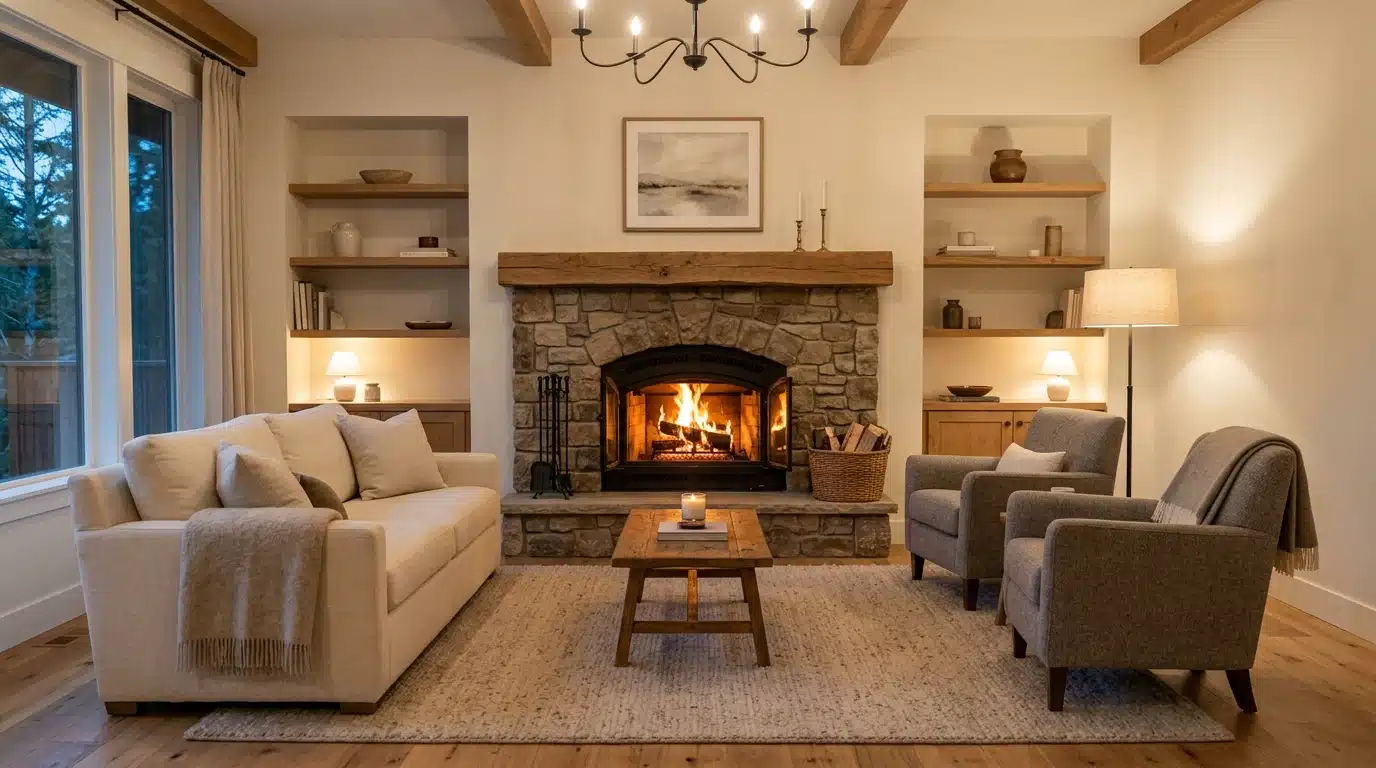 living room with a lit stone fireplace, beige sofa and armchairs, wooden coffee table, built-in shelves, and large windows