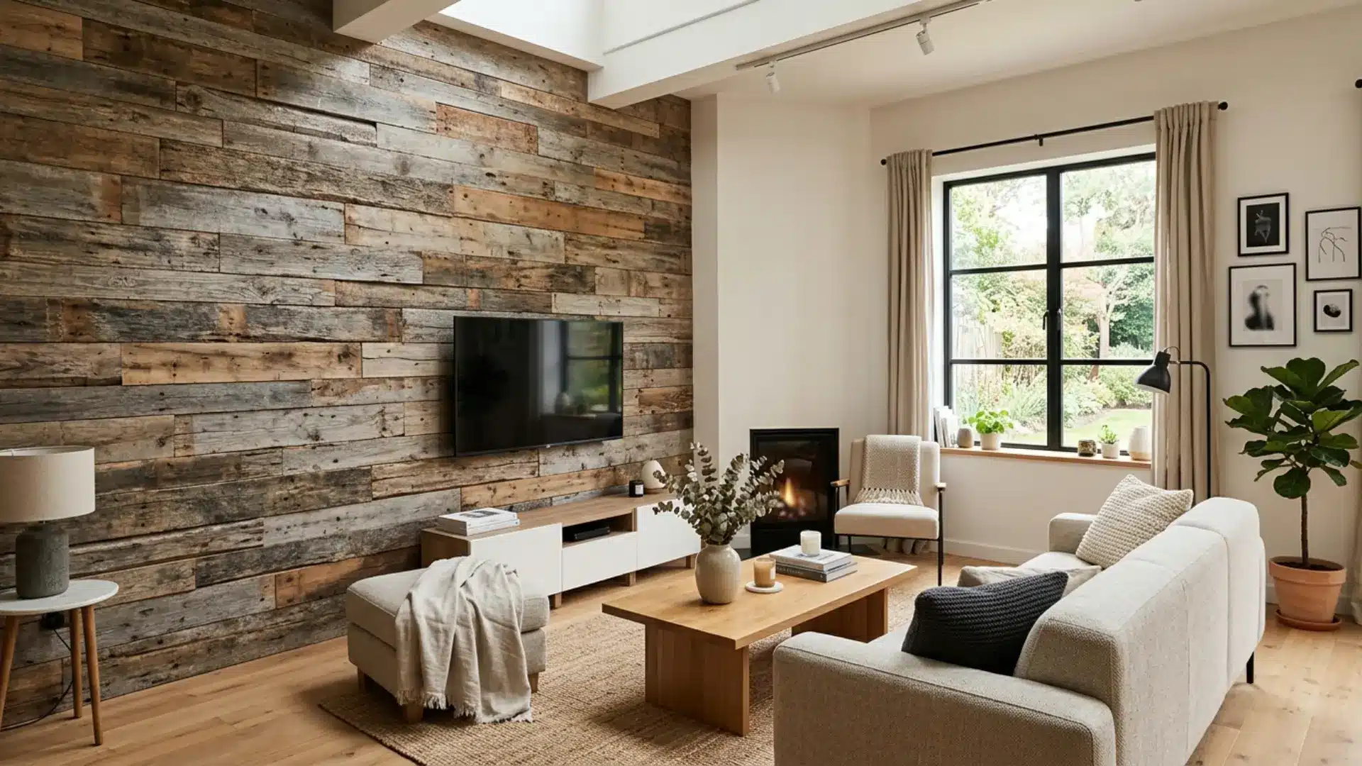 living room with a reclaimed wood accent wall, wall-mounted television, fireplace, sofa, armchair, coffee table, and potted plant