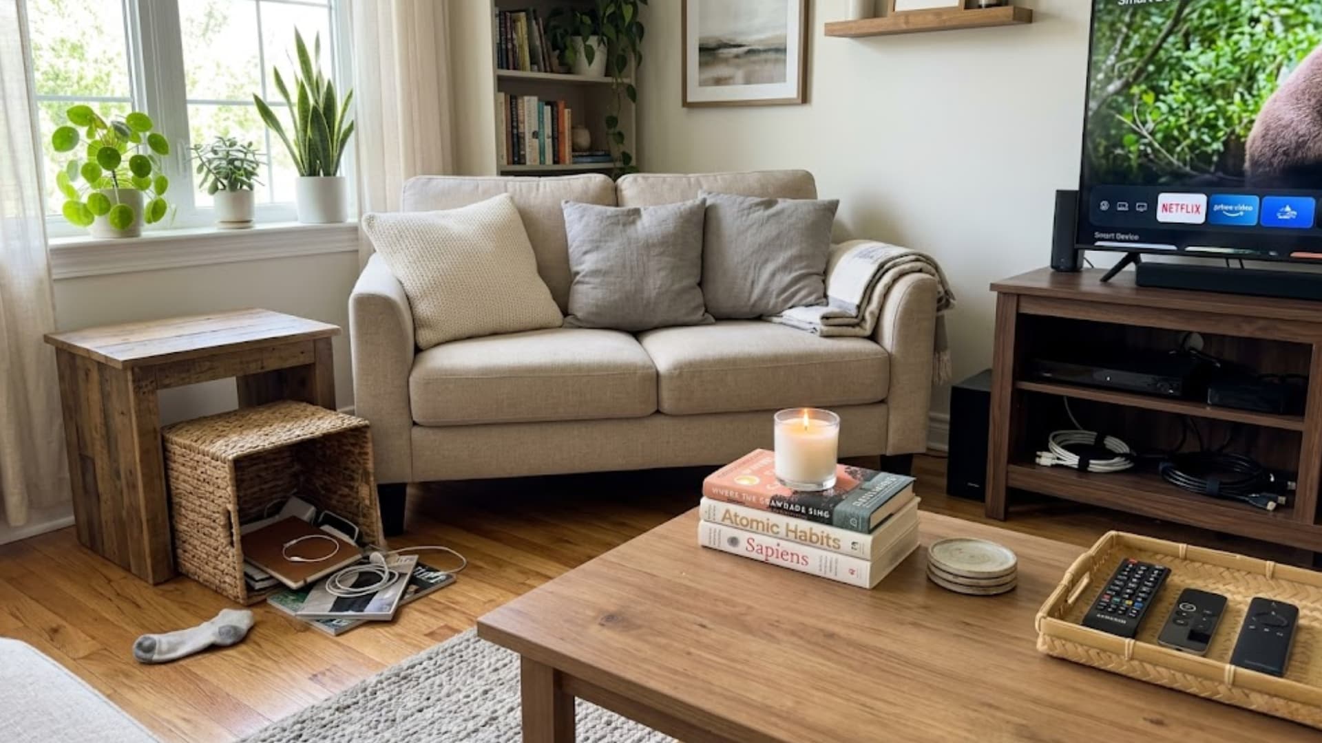 living room with sock and cables on floor coffee table stacked with books candle and remotes in tray
