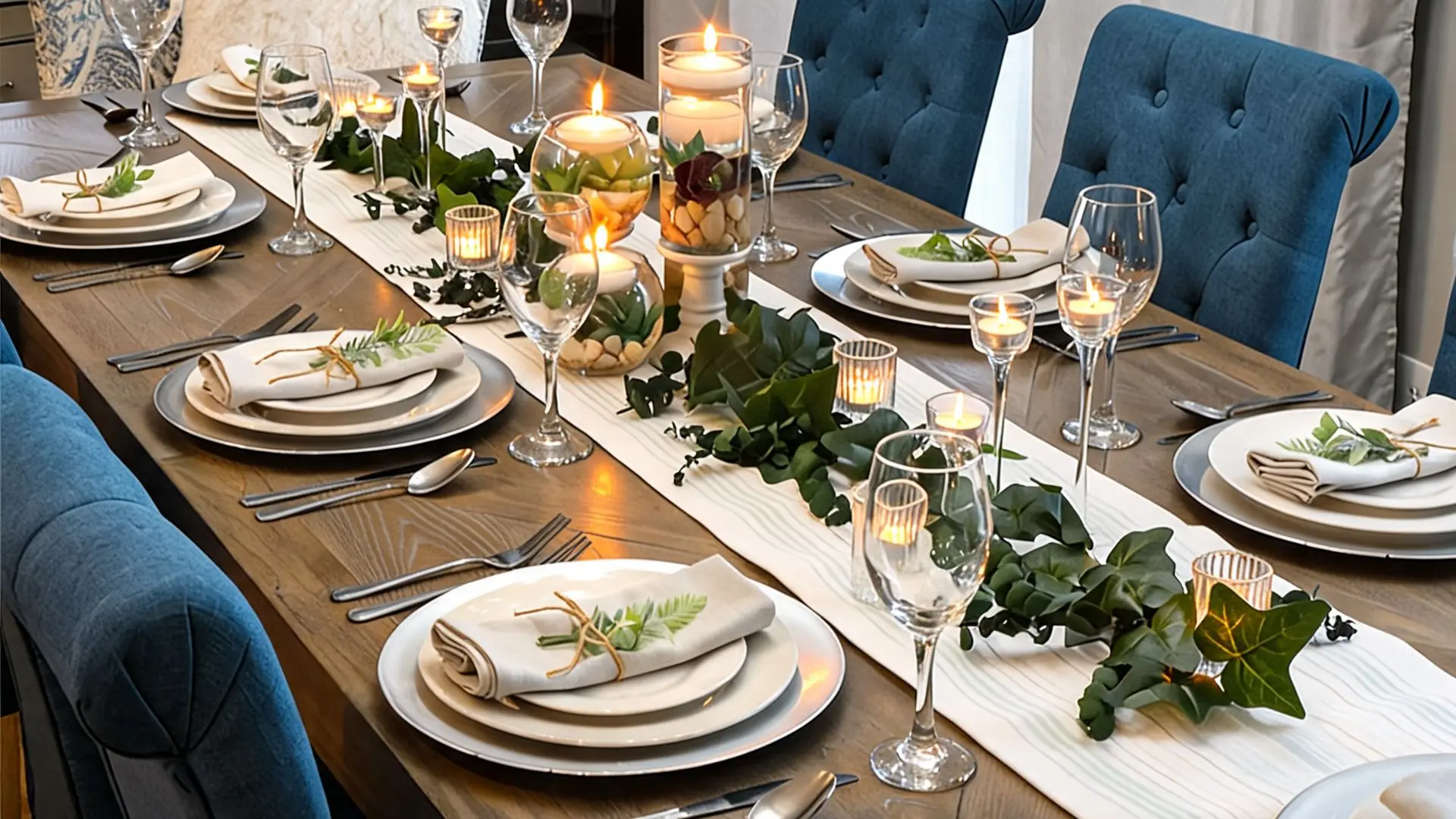 long table with white runner, glass hurricane candles, greenery, and blue upholstered chairs