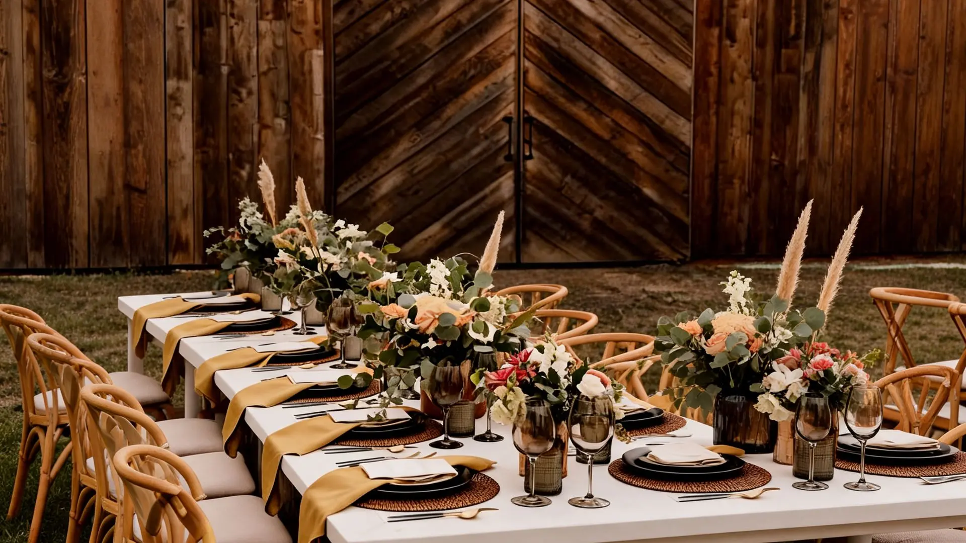 long white table with repeating floral pampas grass arrangements, black plates, and gold napkins