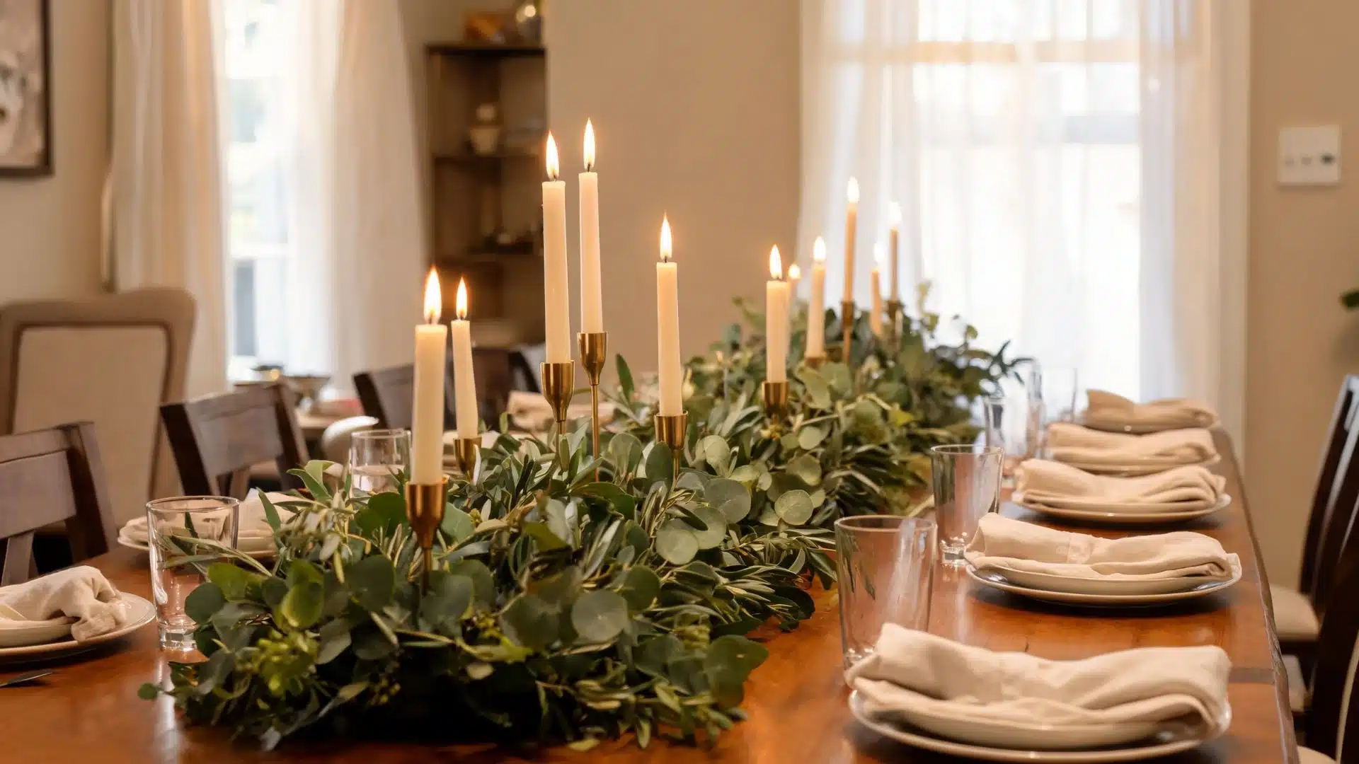 long wooden table with eucalyptus greenery garland and lit taper candles in brass holders