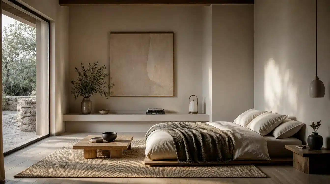 low floor bed with short bedside table matching the minimal bedroom setup