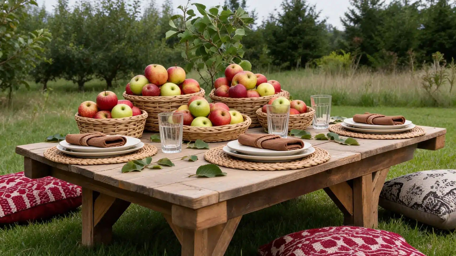 low outdoor table with woven baskets of apples, floor cushions, and place settings on a lawn