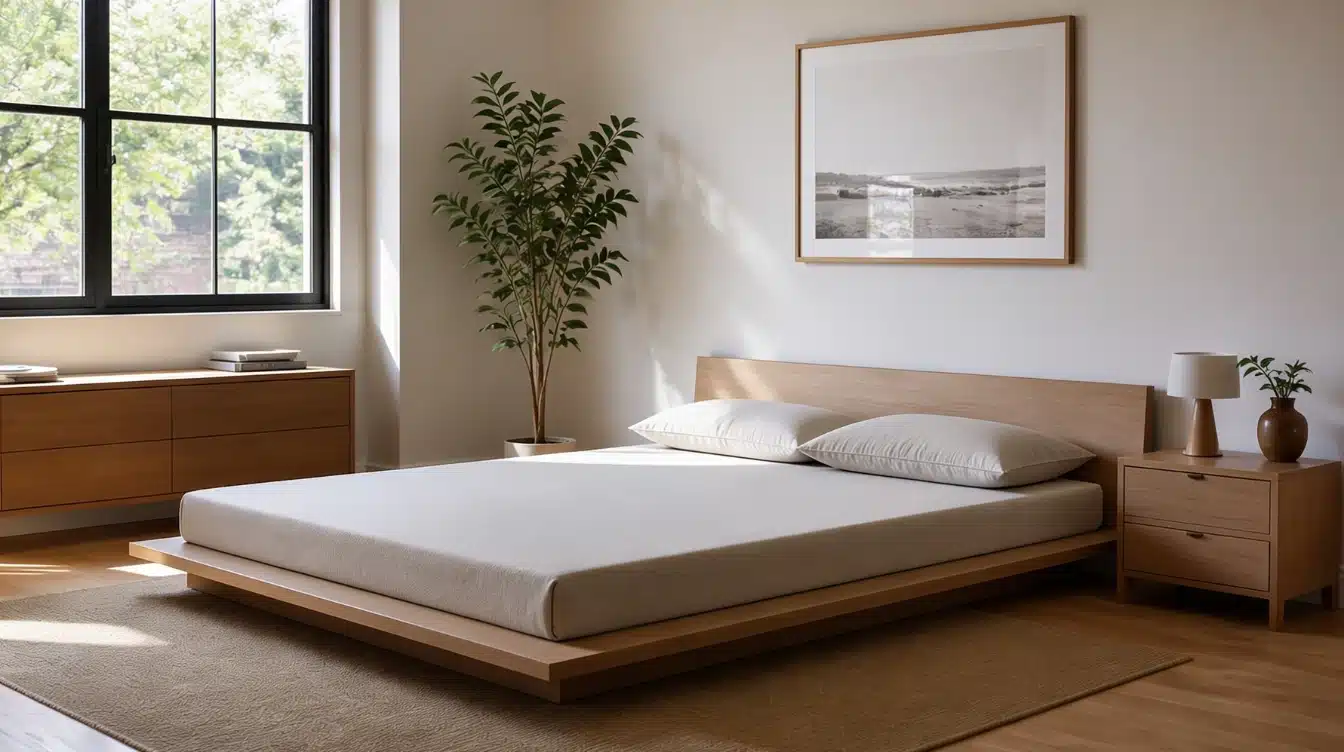low platform bed with short nightstand aligned to mattress height in a modern bedroom