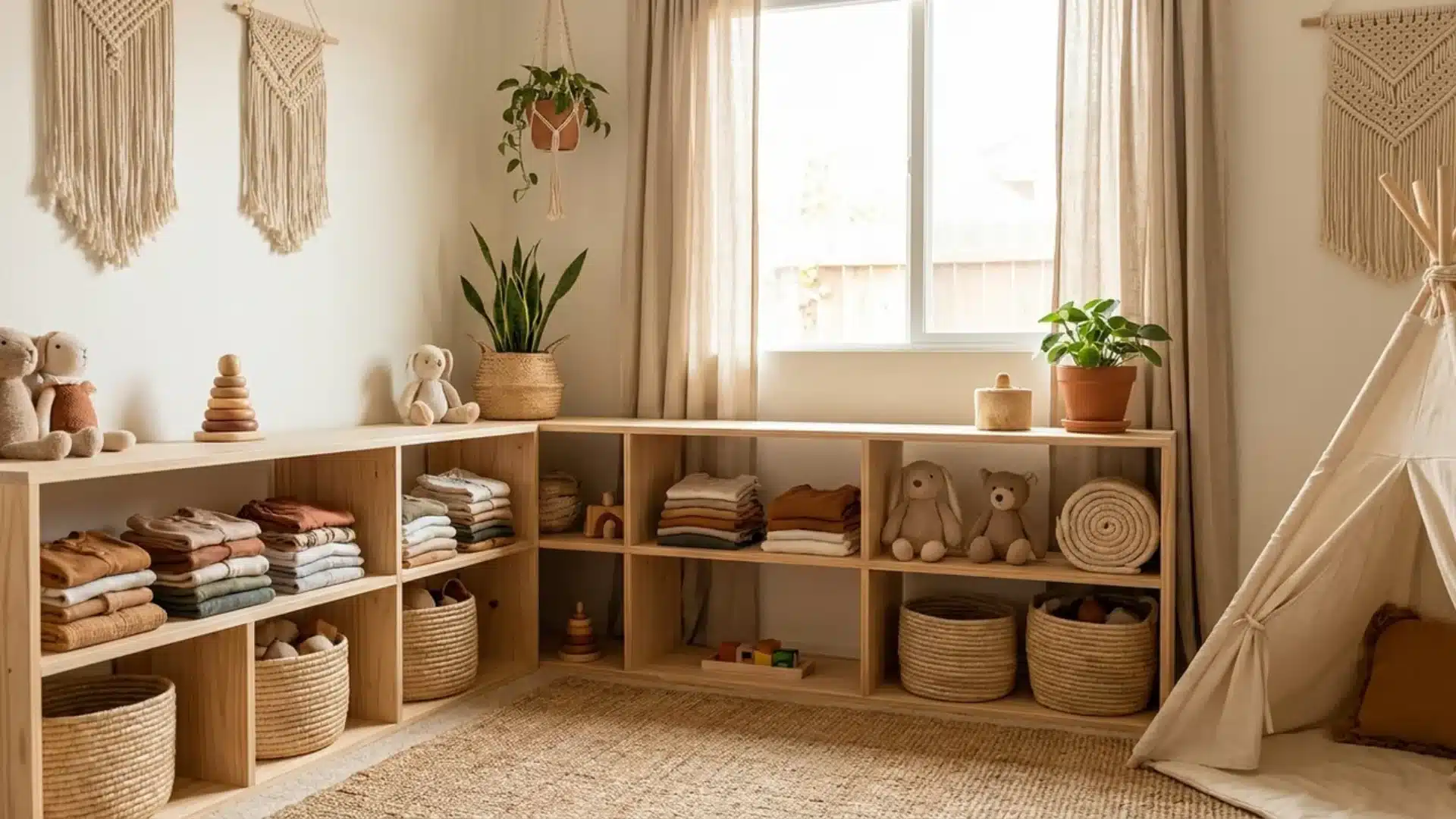 low wooden shelves storing folded clothes toys and baskets at toddler height in bedroom
