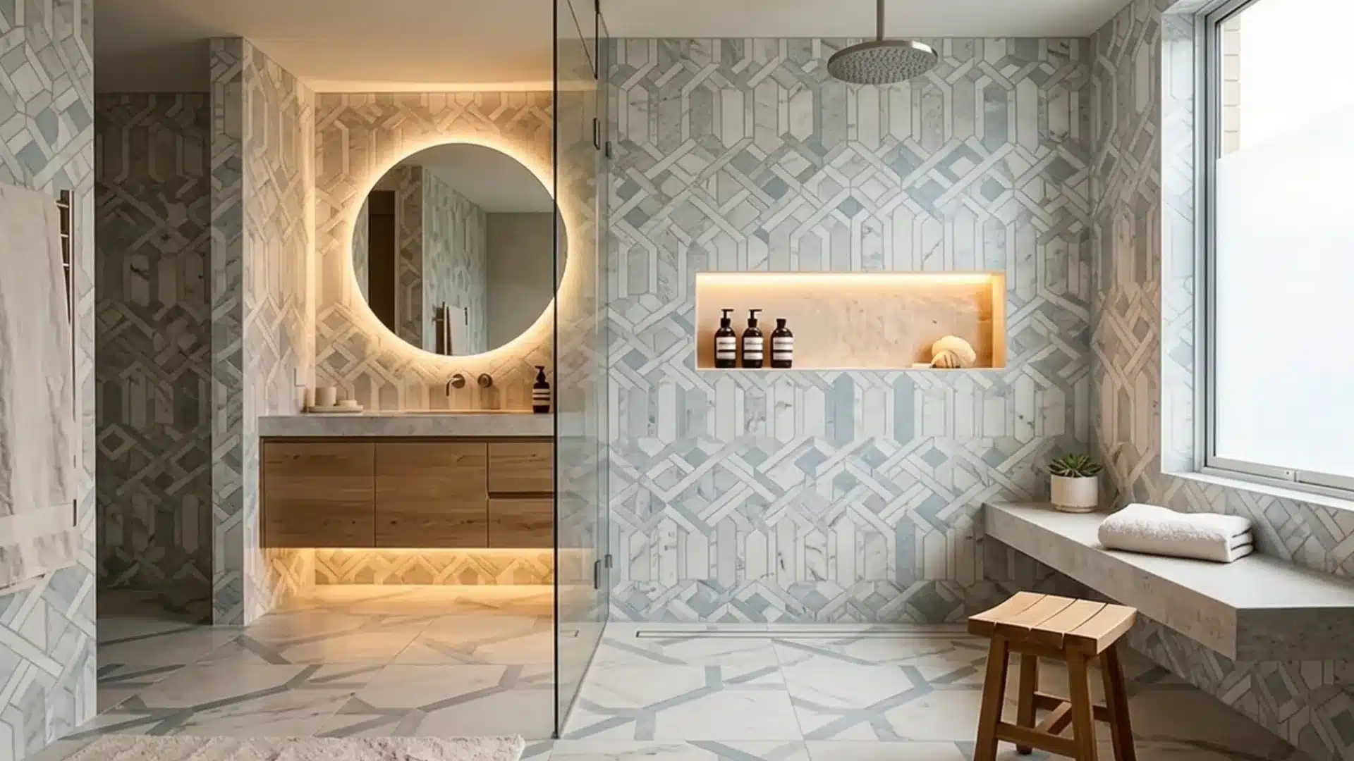 luxury curbless shower with patterned marble tile lit niche and round backlit mirror