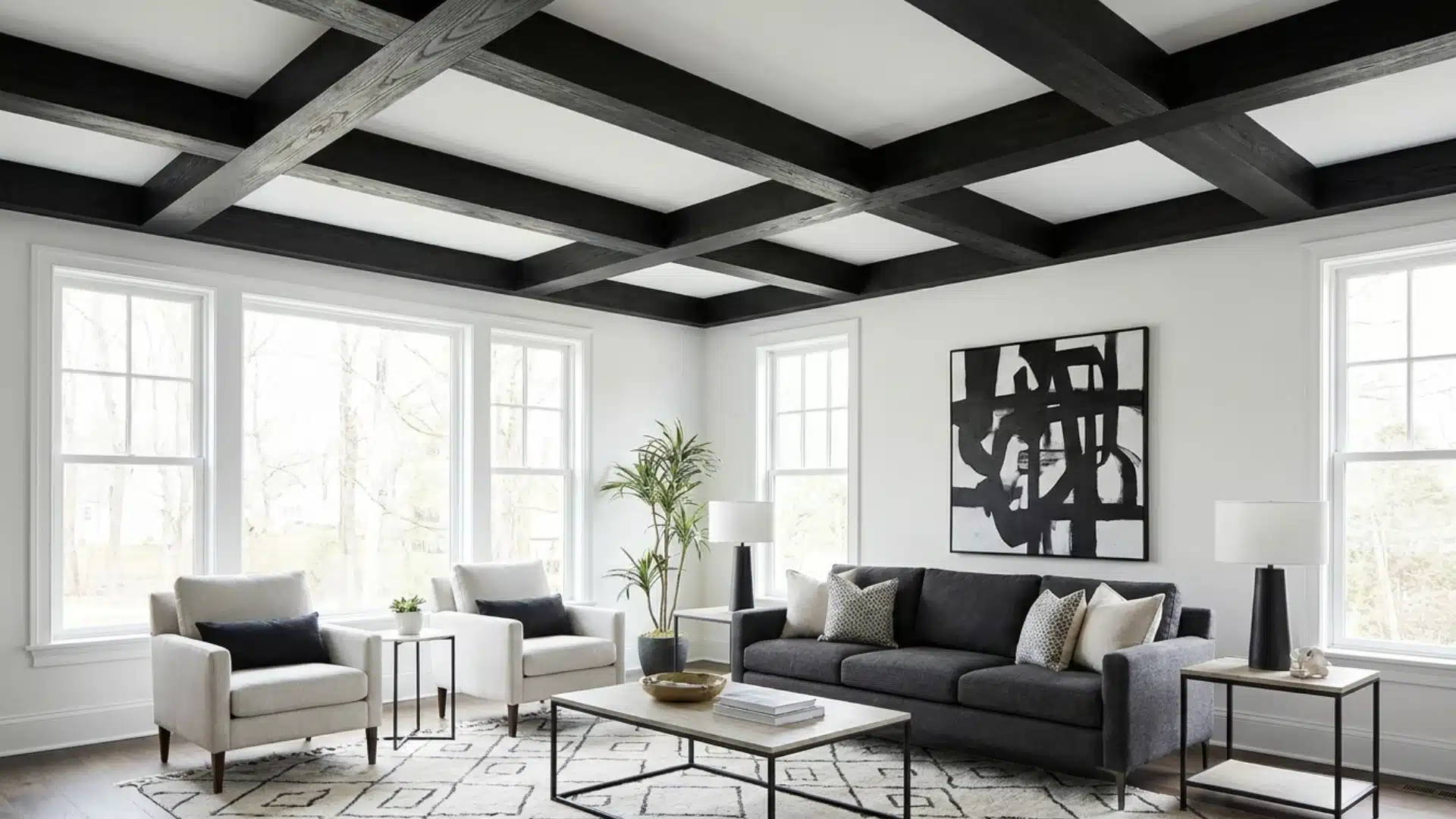 lving room featuring black beams and white coffered ceiling panels