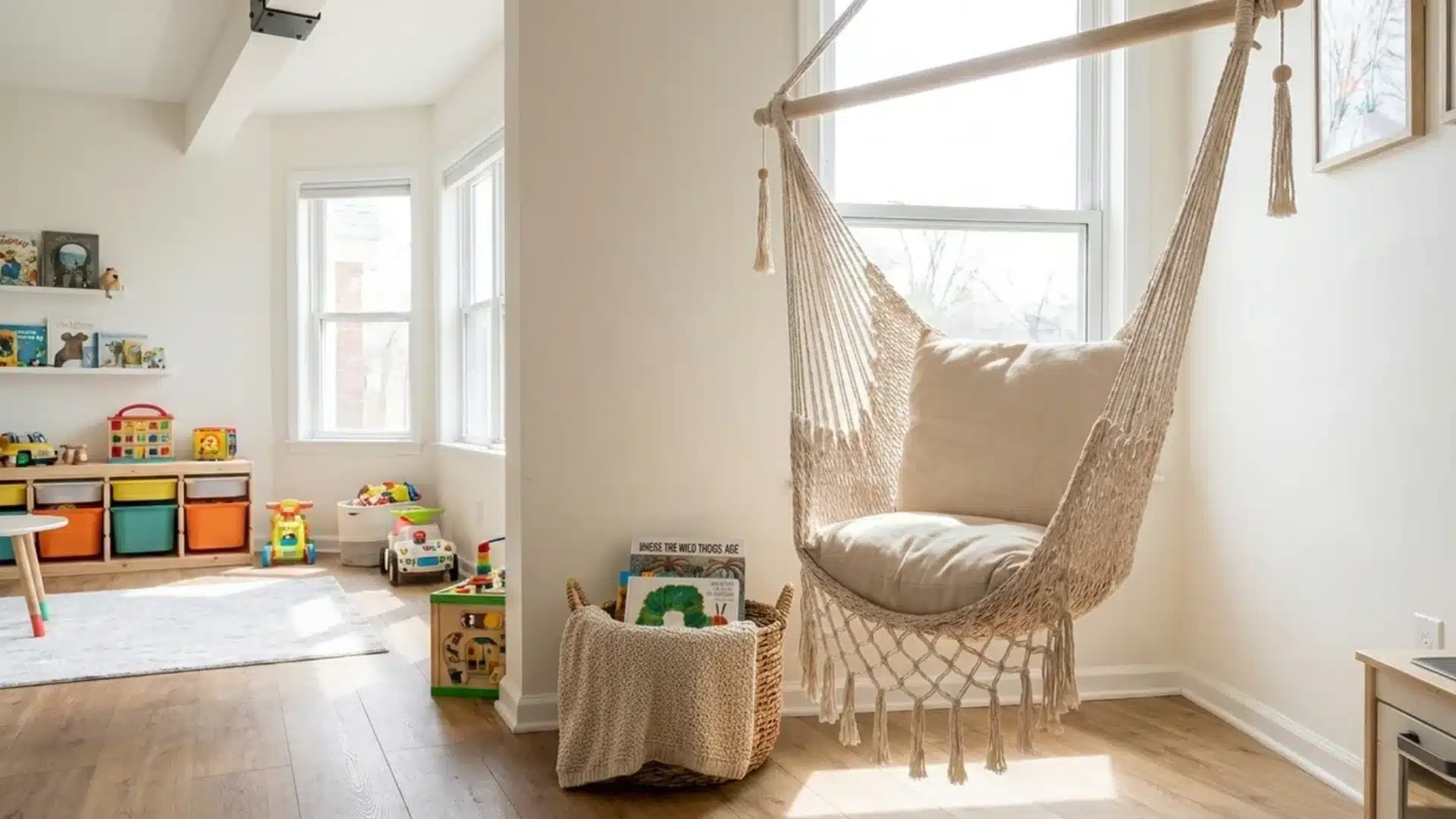 macrame hammock chair with a cushion hanging near a window in a room with toy storage bins